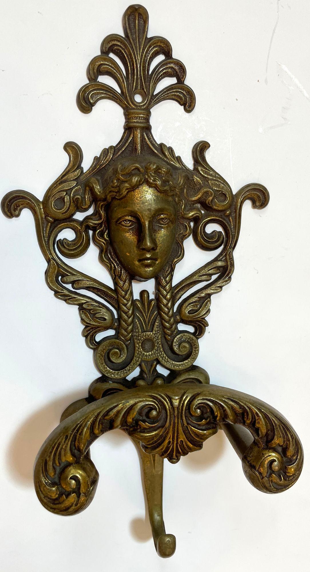 Antique Ornate Italian Figural Architectural Cast Brass Wall Hook Decor Set of 3 For Sale 12