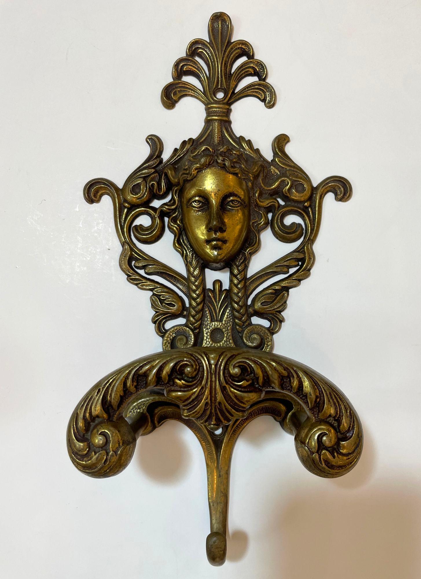 Baroque Antique Ornate Italian Figural Architectural Cast Brass Wall Hook Decor Set of 3 For Sale