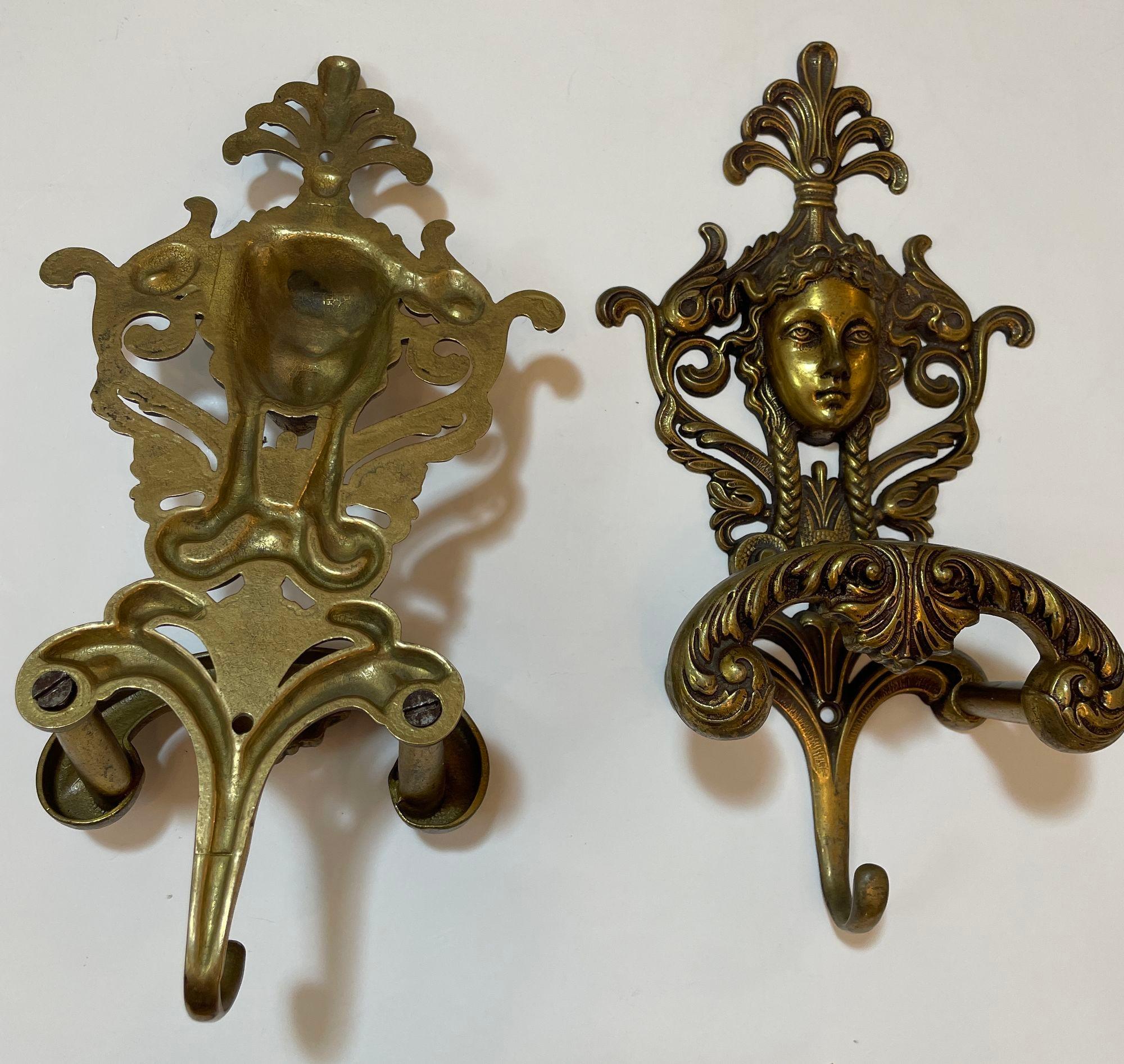 20th Century Antique Ornate Italian Figural Architectural Cast Brass Wall Hook Decor Set of 3 For Sale