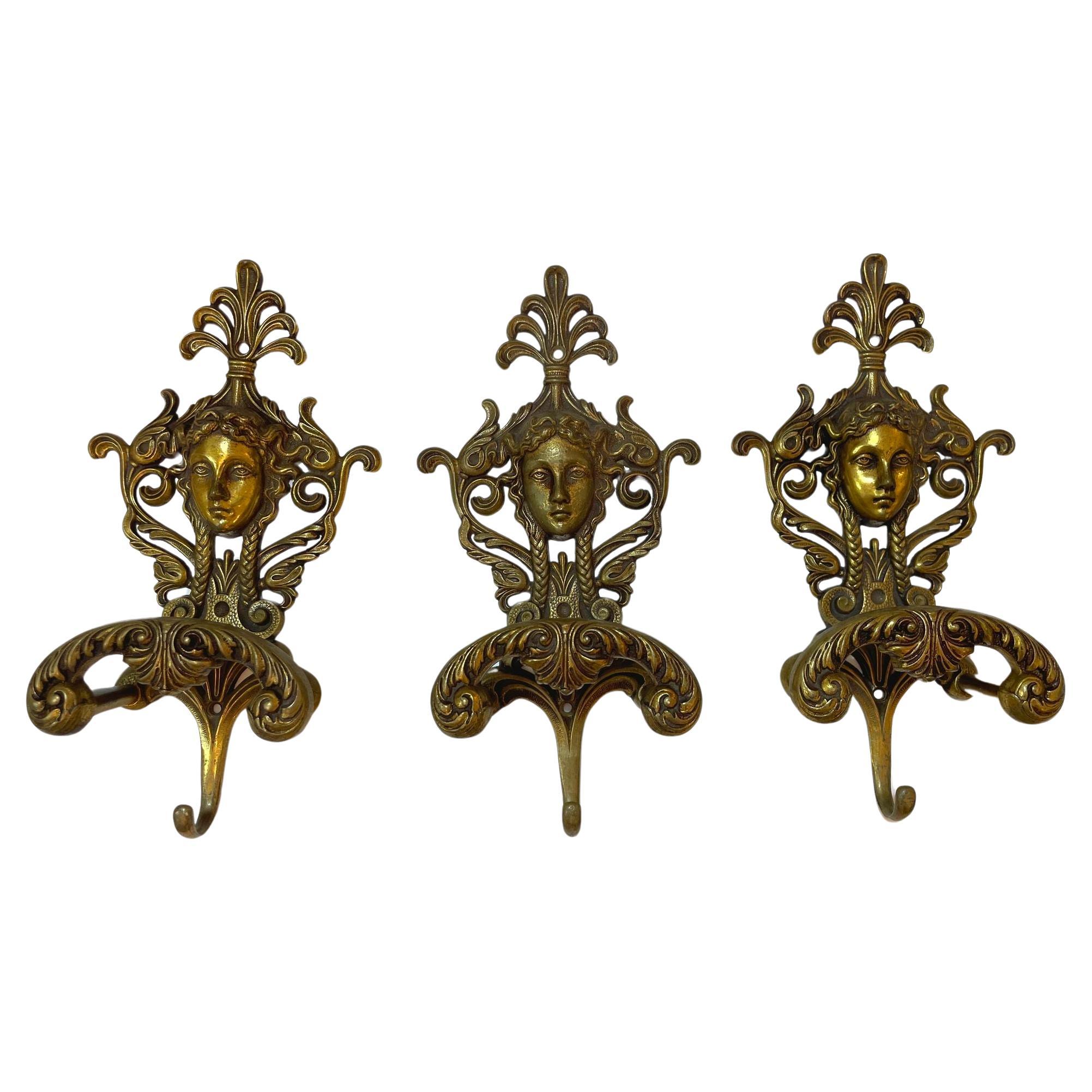 Antique Ornate Italian Figural Architectural Cast Brass Wall Hook Decor Set of 3