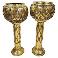 Antique Ornate Pedestal Brass Planter Stands, Set of 2