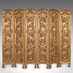 Antique Ornate Privacy Screen, Indian, Gilt, Six Panel Room Divider, Victorian