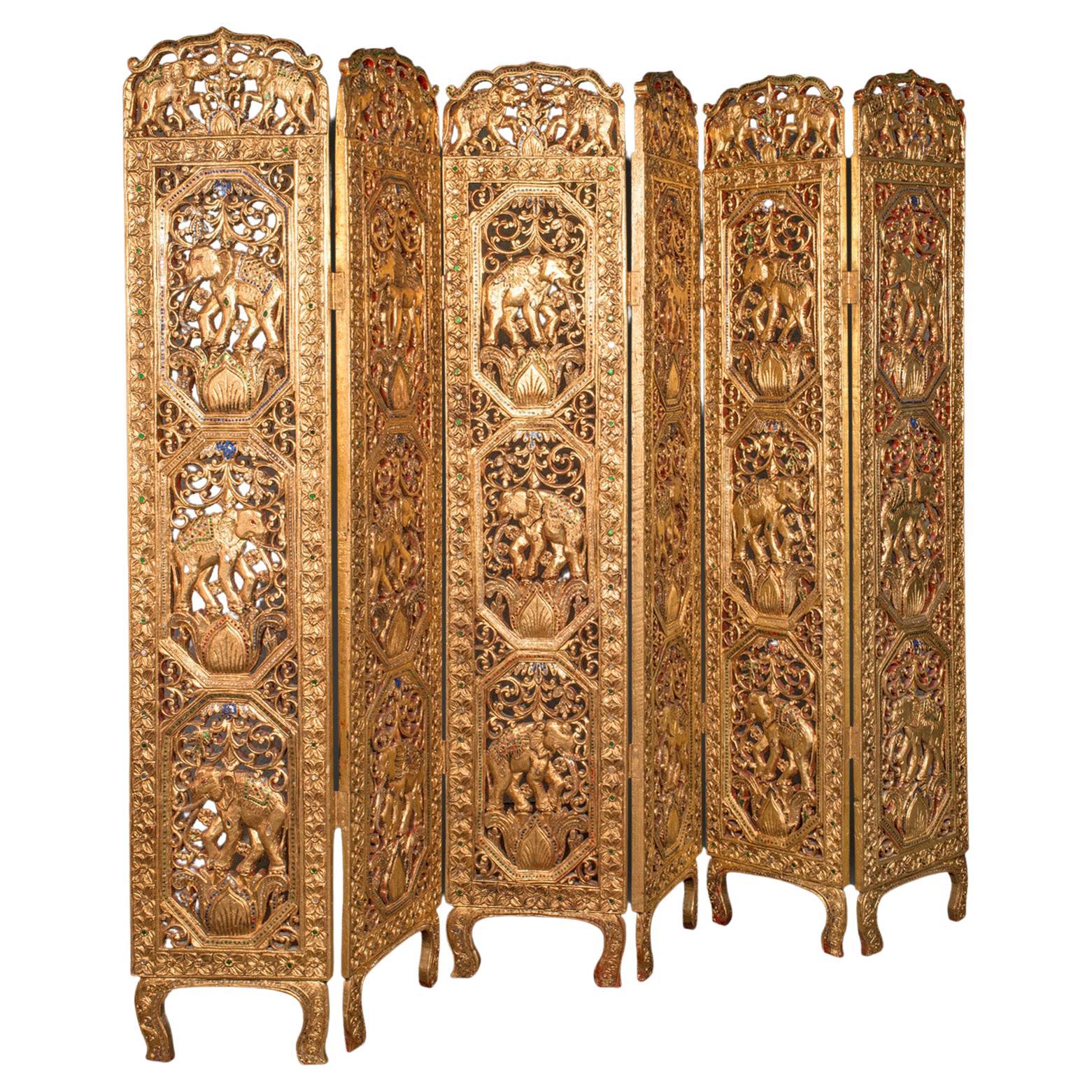 Antique Ornate Privacy Screen, Indian, Gilt, Six Panel Room Divider, Victorian