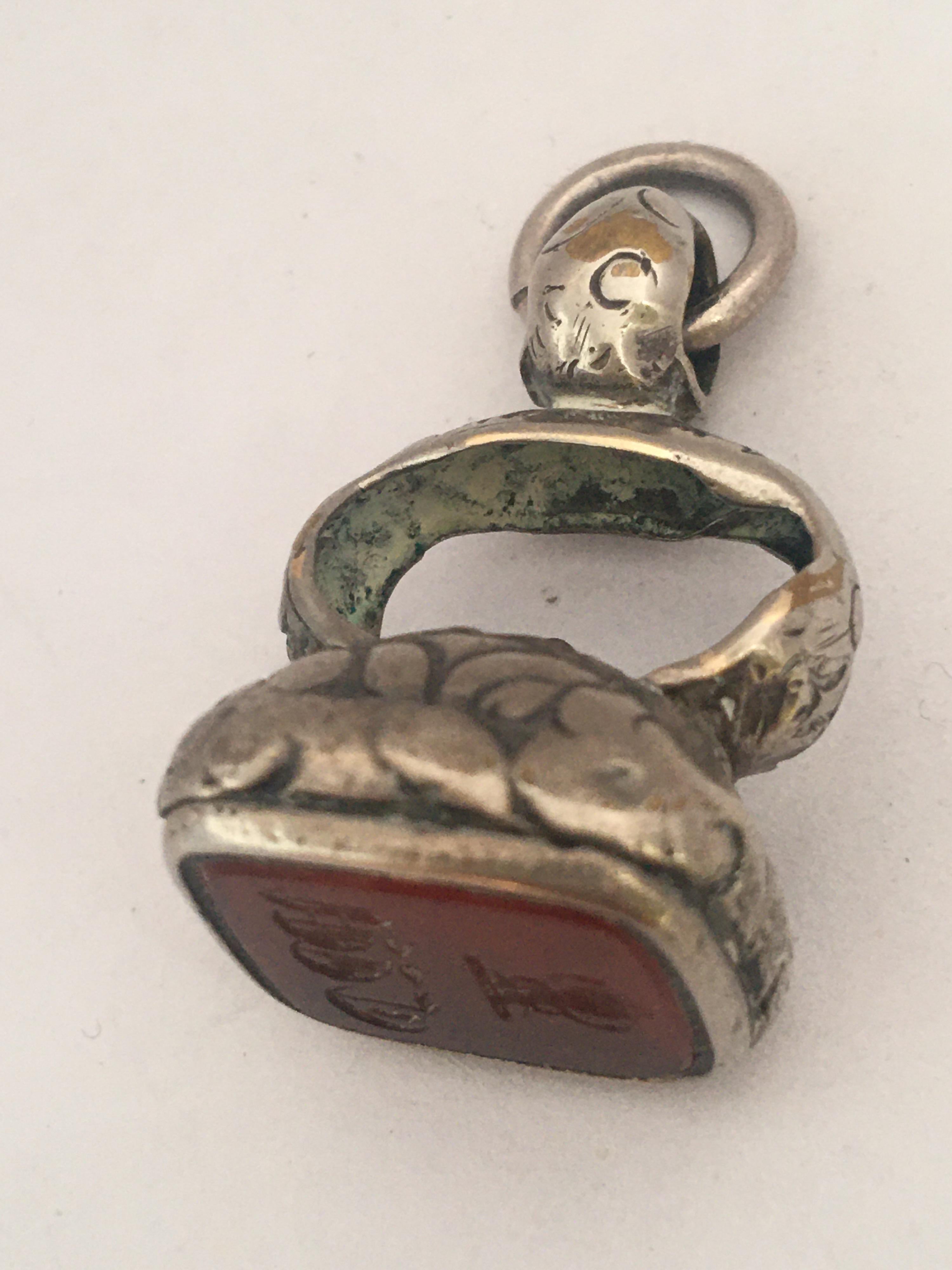 Antique Ornate Silver Gilt Carnelian Fob Seal Pendant For Sale 4