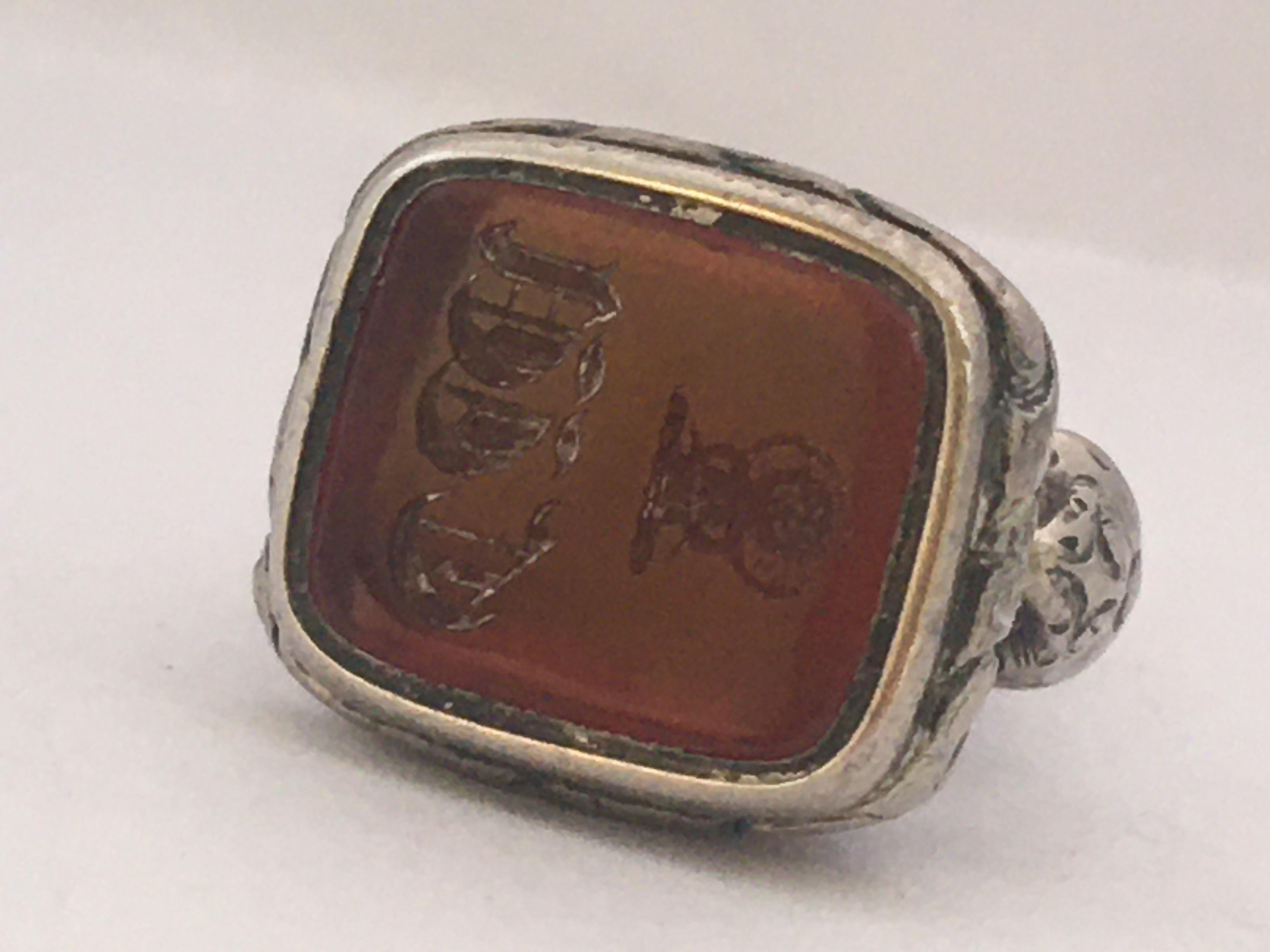 Antique Ornate Silver Gilt Carnelian Fob Seal Pendant For Sale 5