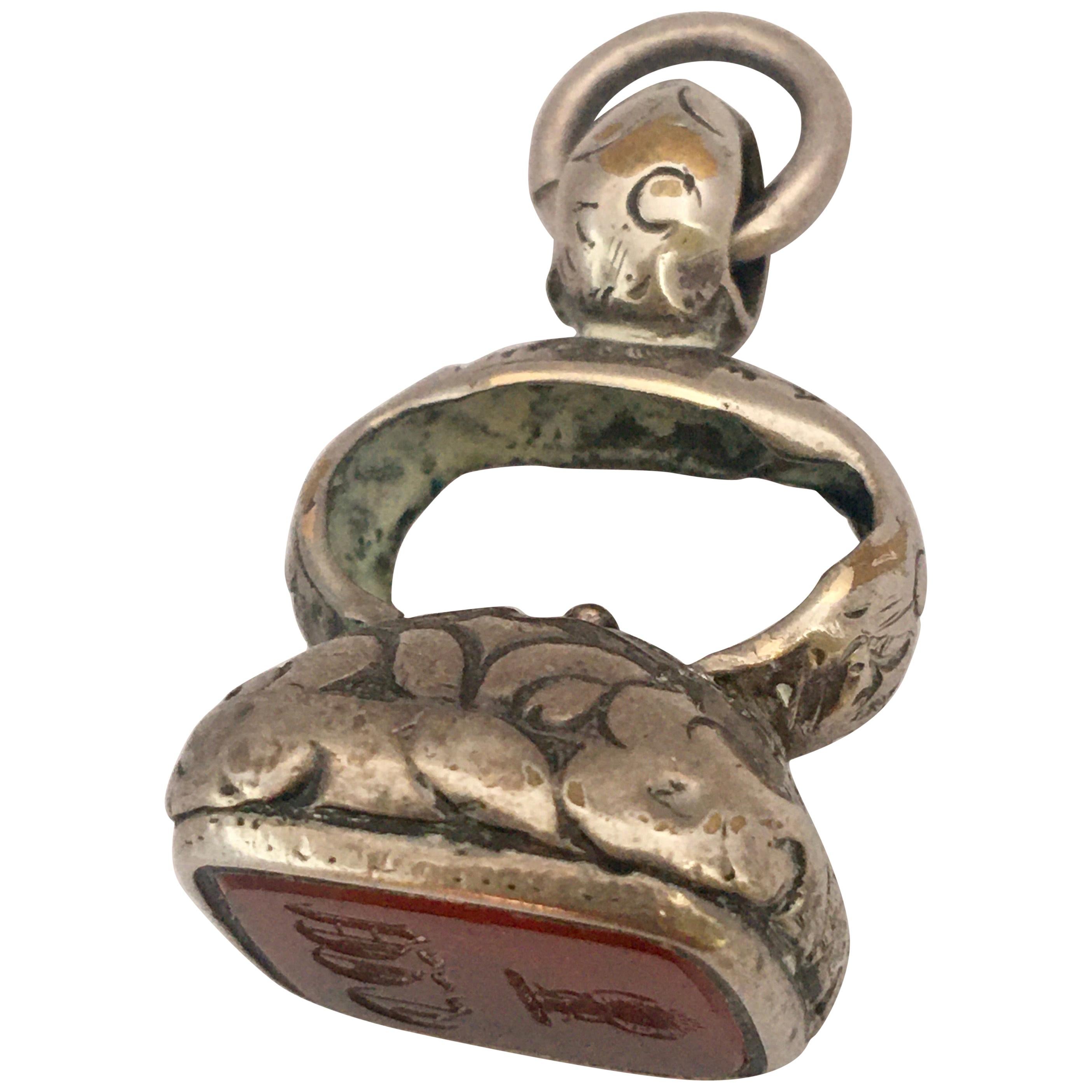 Antique Ornate Silver Gilt Carnelian Fob Seal Pendant For Sale