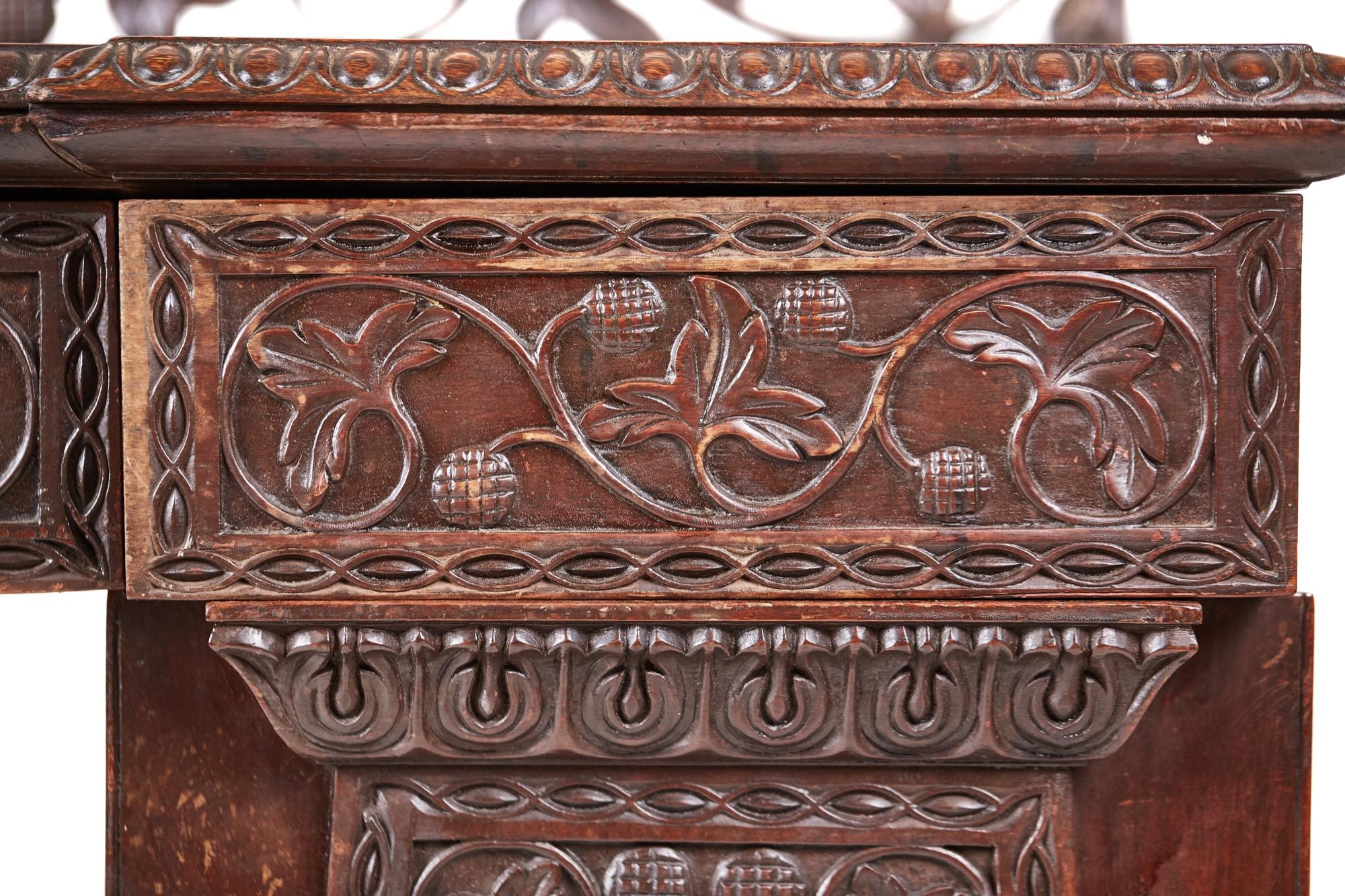Antique Ornate Carved Anglo-Indian Oak Padauk Breakfront Pedestal Sideboard For Sale 2