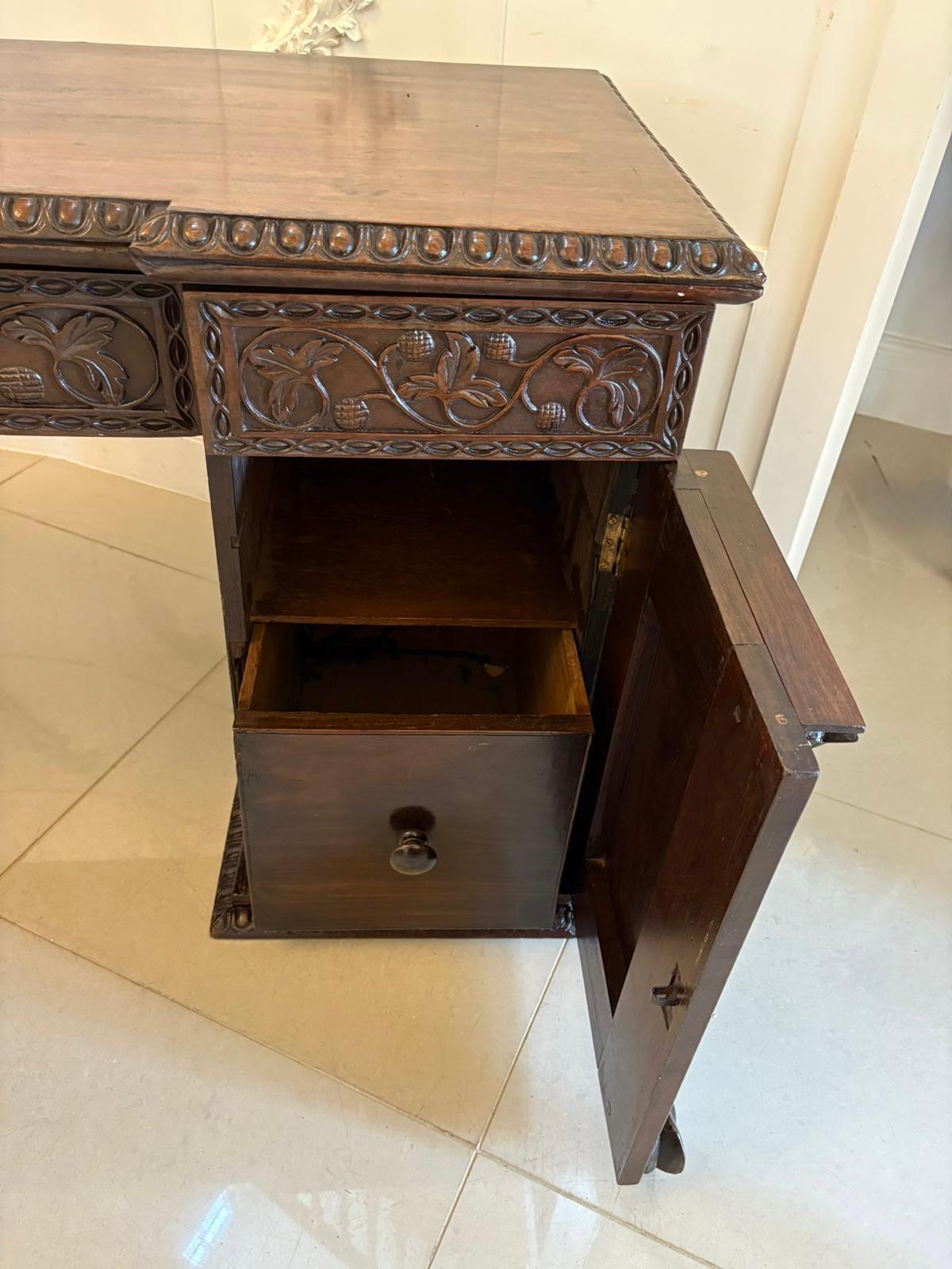 Antique Ornate Small Carved Anglo-Indian Padauk Inverted Breakfront Sideboard In Good Condition For Sale In Suffolk, GB