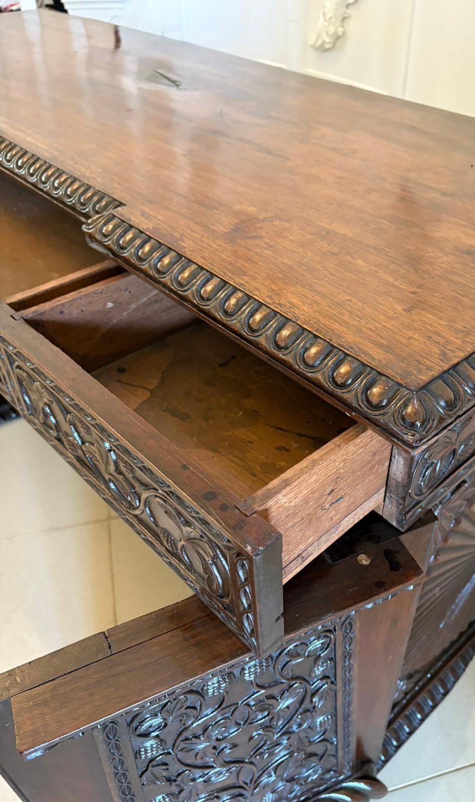 Antique Ornate Small Carved Anglo-Indian Padauk Inverted Breakfront Sideboard For Sale 1