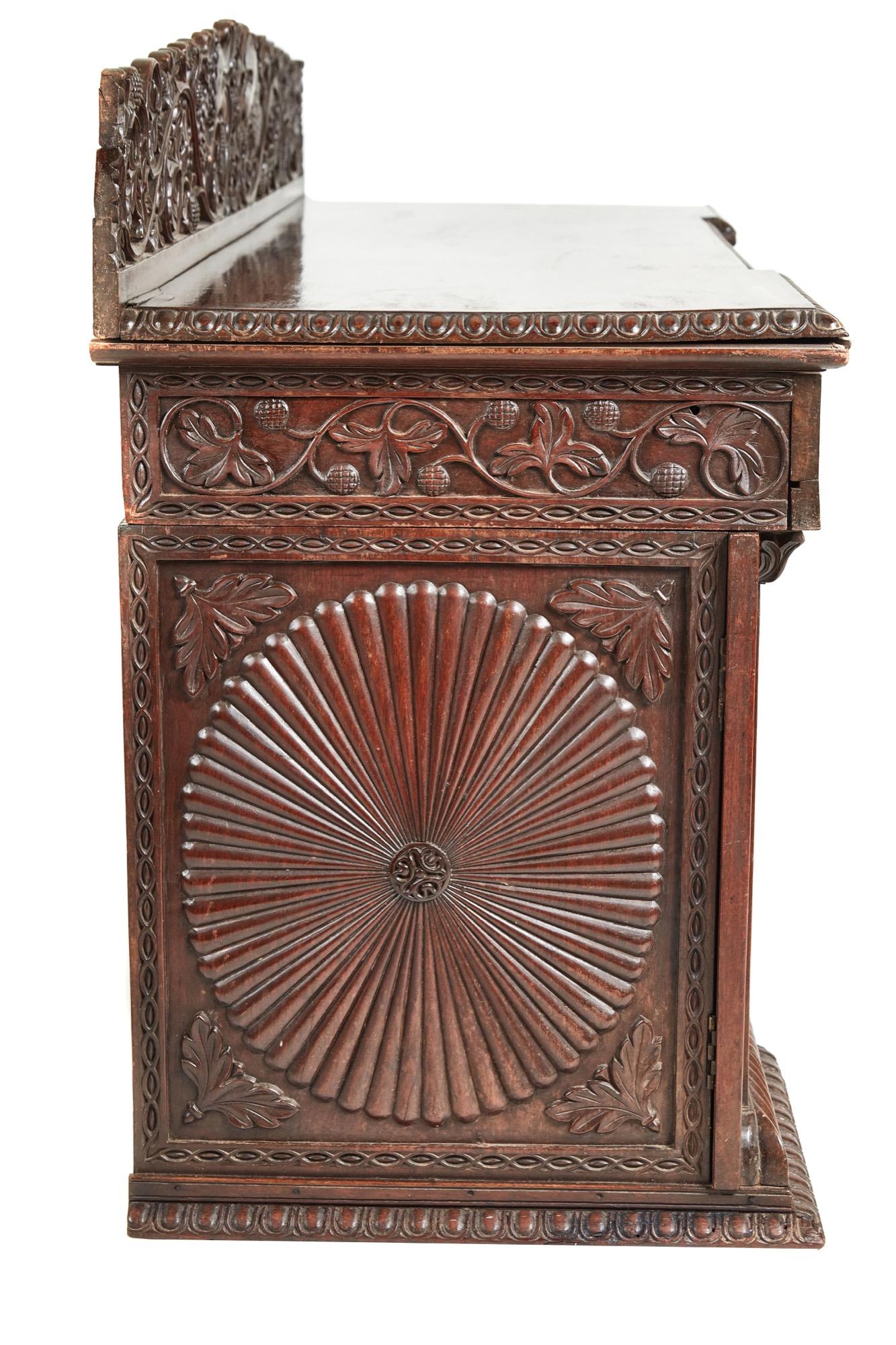 Antique Ornate Small Carved Anglo-Indian Padouk Pedestal Sideboard In Excellent Condition For Sale In Suffolk, GB