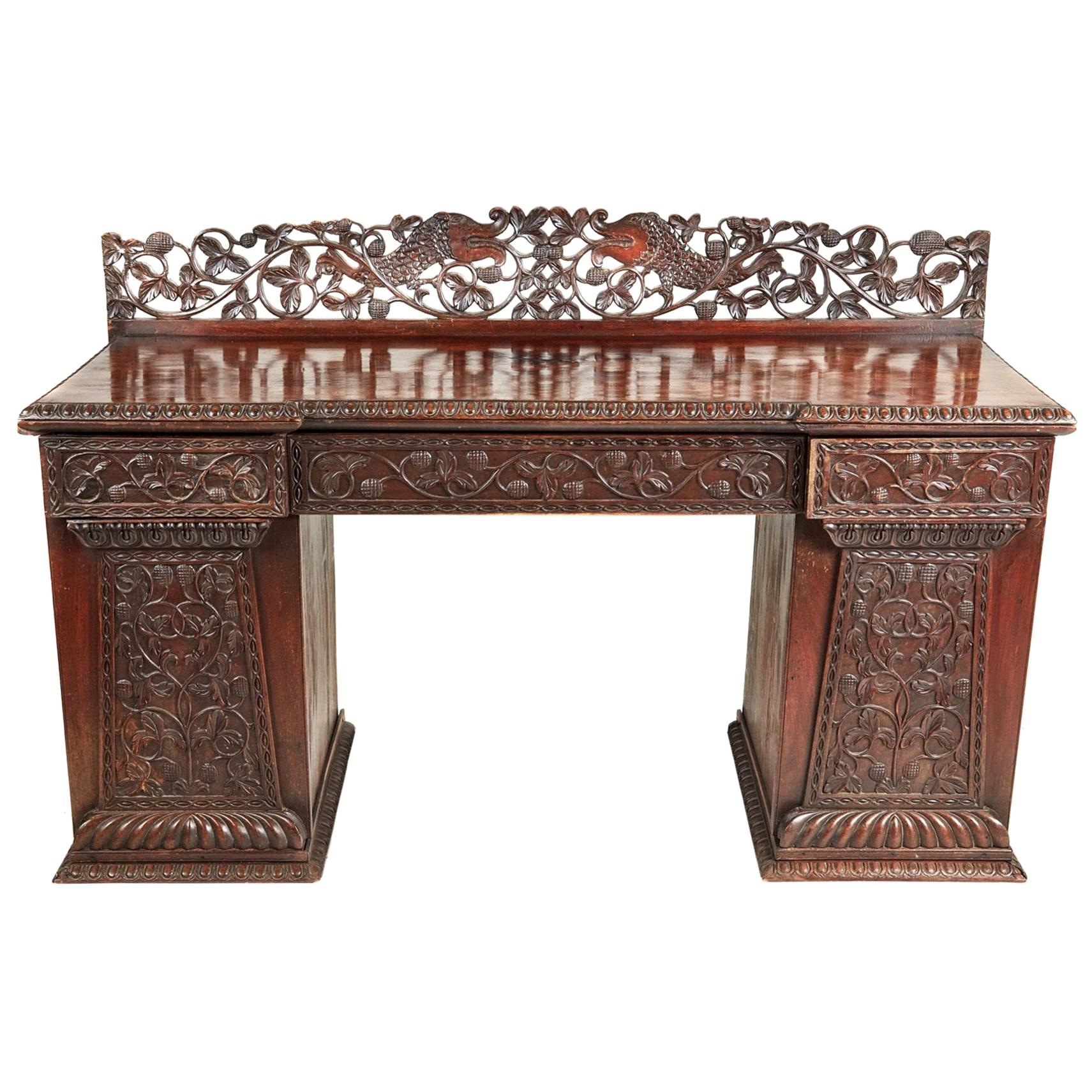 Antique Ornate Small Carved Anglo-Indian Padouk Pedestal Sideboard For Sale