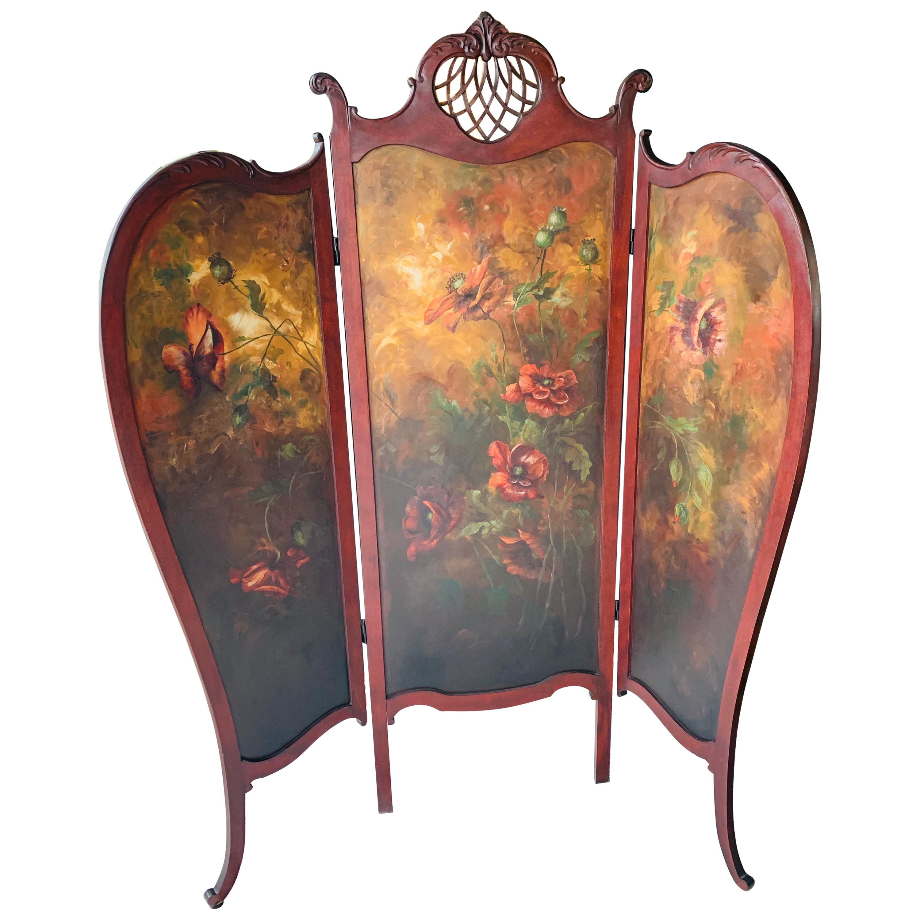 Antique Ornate Three-Panel Dressing Screen Art Nouveau