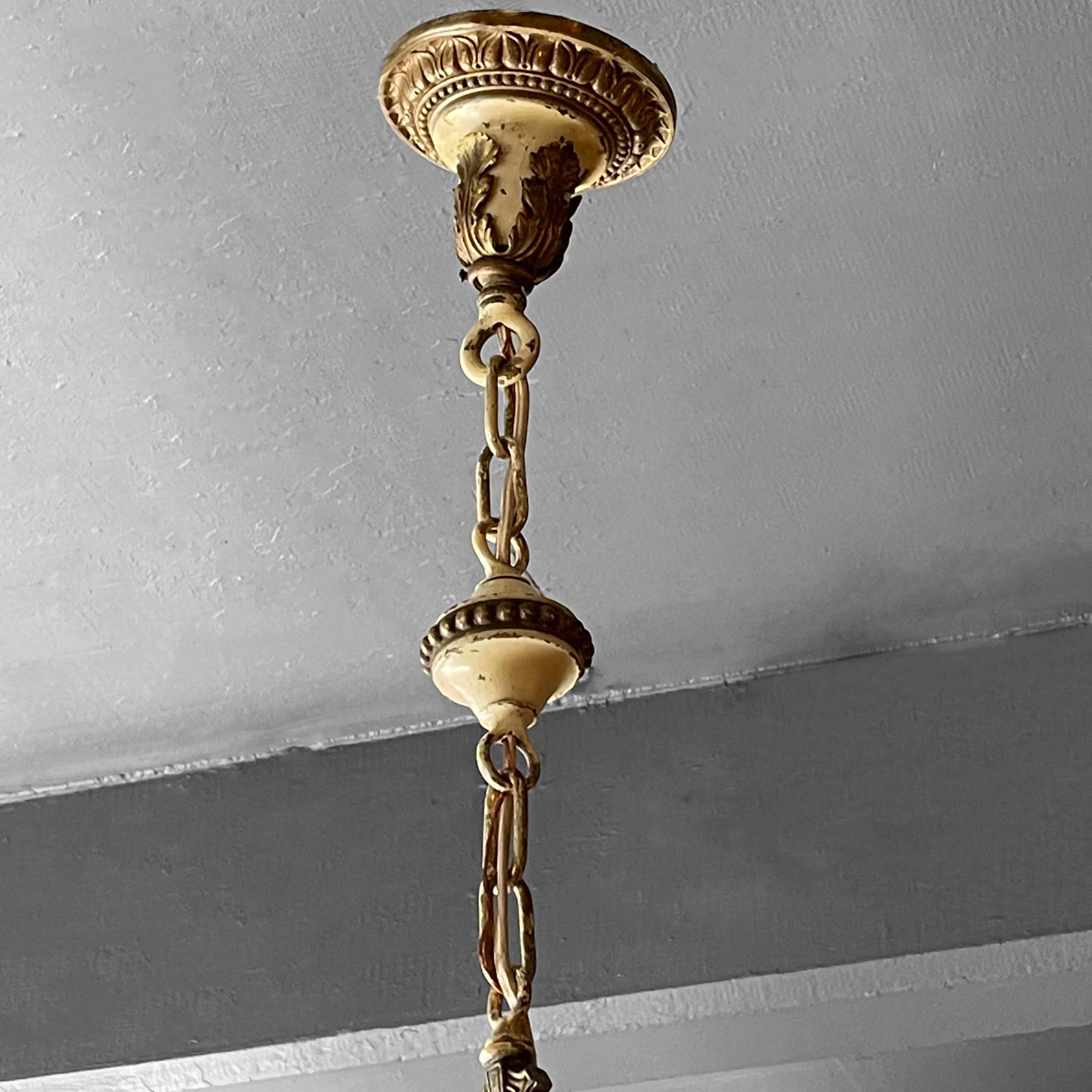 Brass Antique Ornate Vaseline Glass Pendant Light For Sale