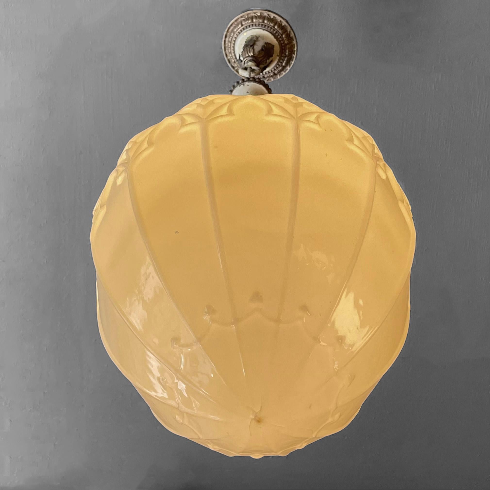 Antique Ornate Vaseline Glass Pendant Light For Sale 2
