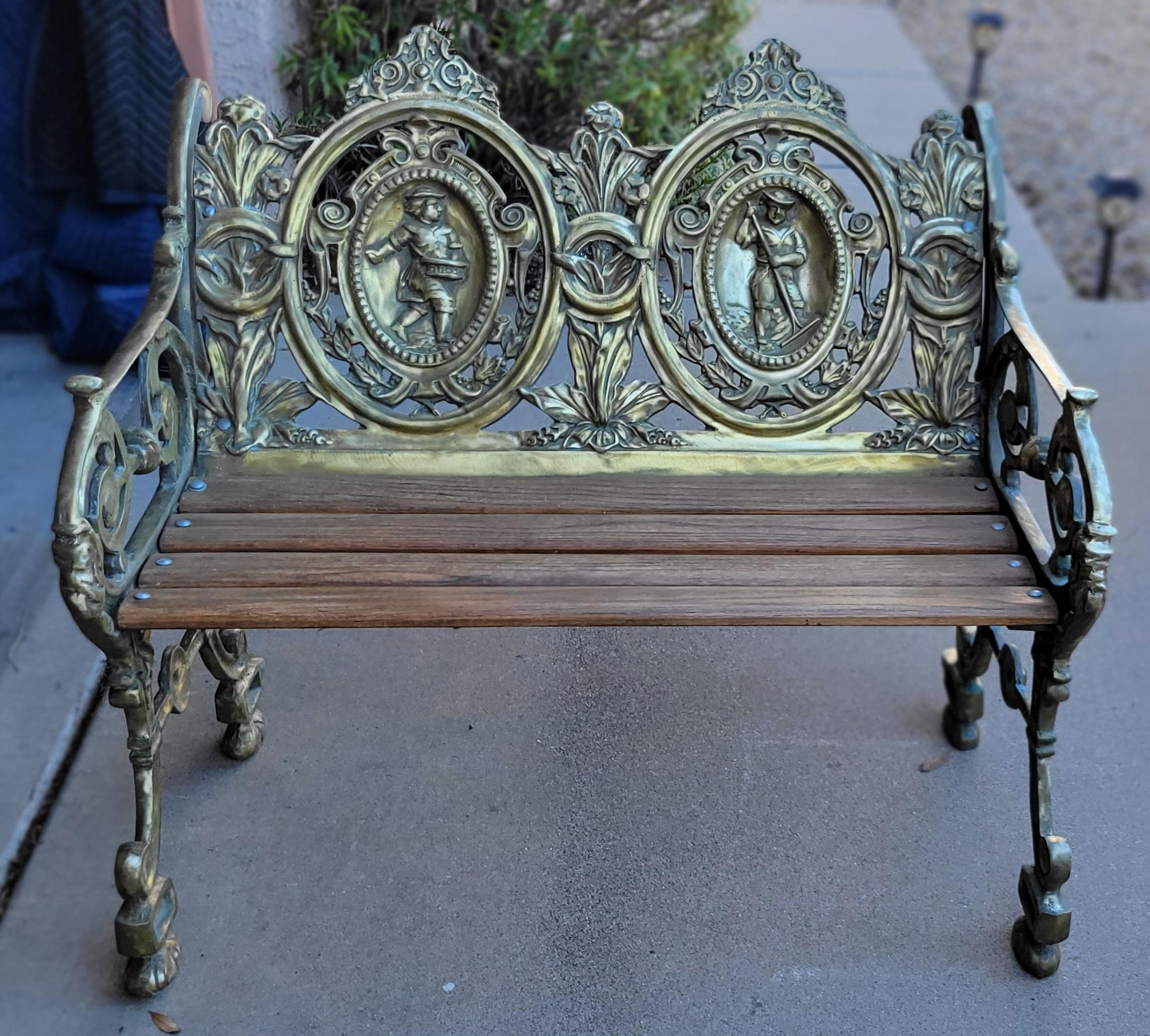 This antique ornate brass bench would make a great addition to any garden. 
We are not sure of the 
exact date of birth of this gorgeous piece, but would estimate that it came to us from the middle of the 19th century, 
It had been well taken