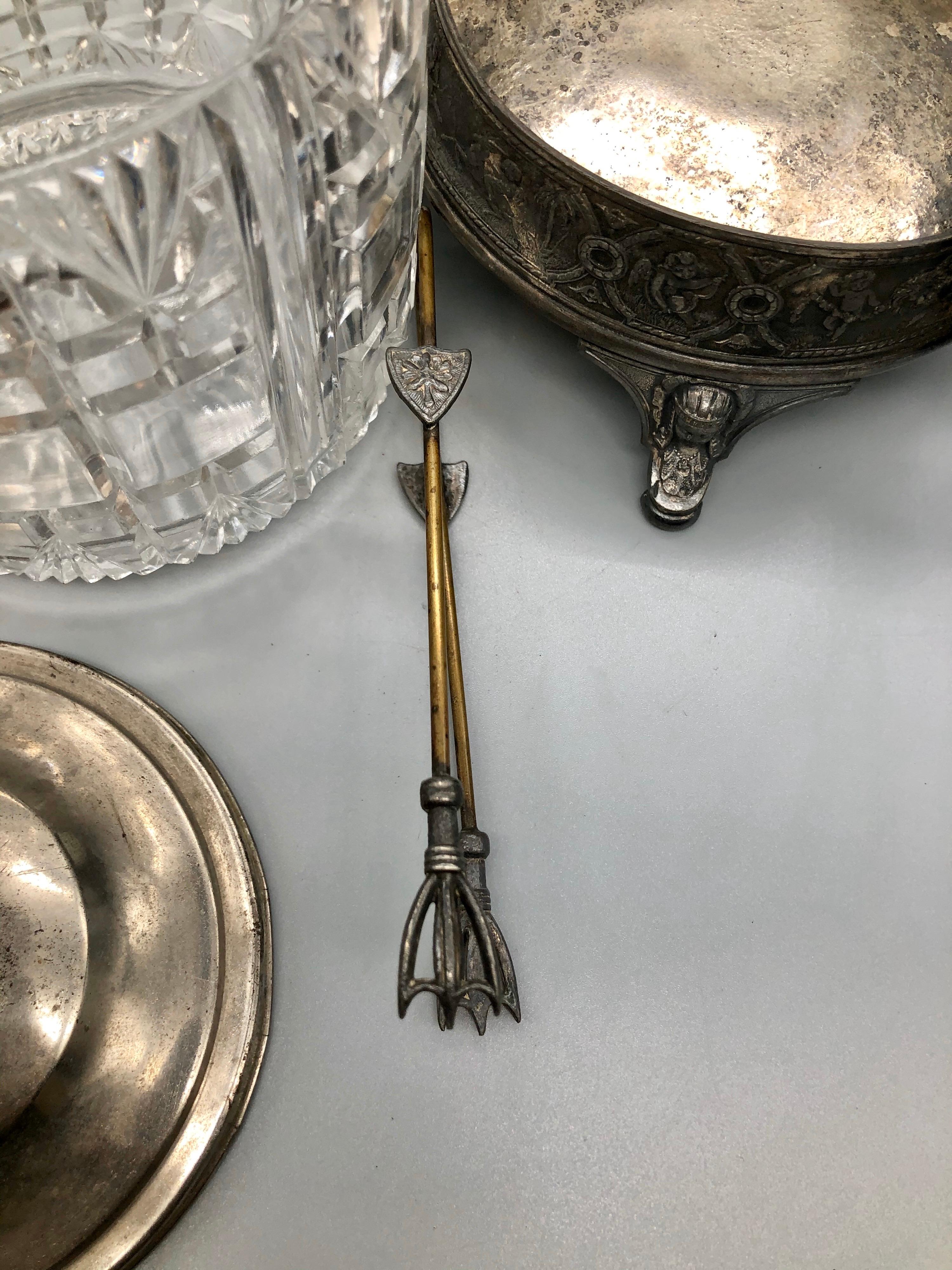 Antique Ornate Victorian Silver Plate Pickle Castor with Tongs, Cut Glass Jar For Sale 6