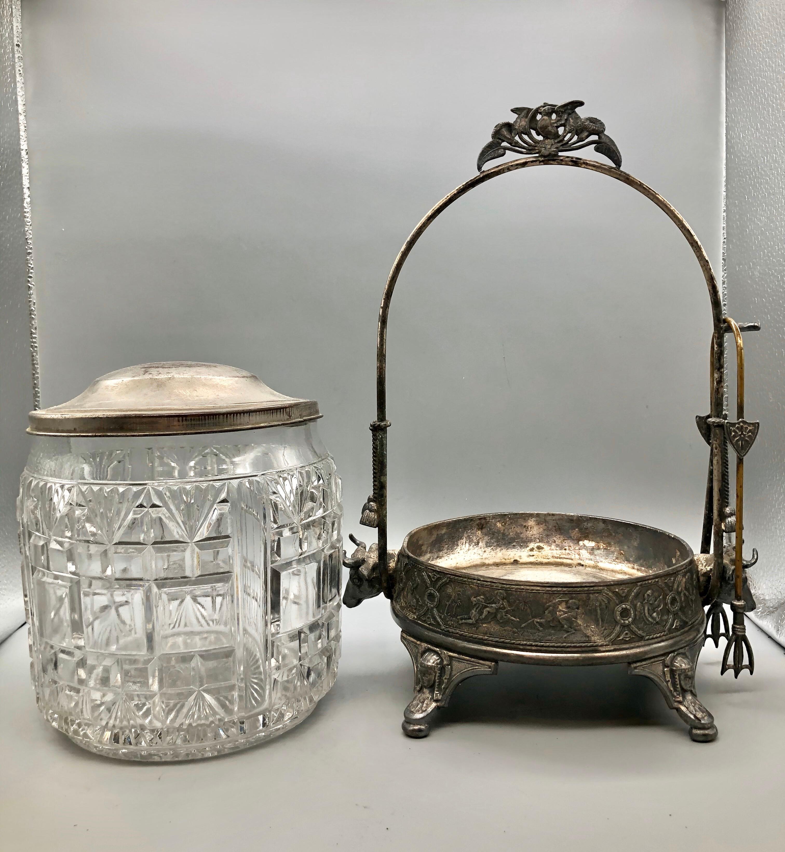 Antique Ornate Victorian Silver Plate Pickle Castor with Tongs, Cut Glass Jar For Sale 1