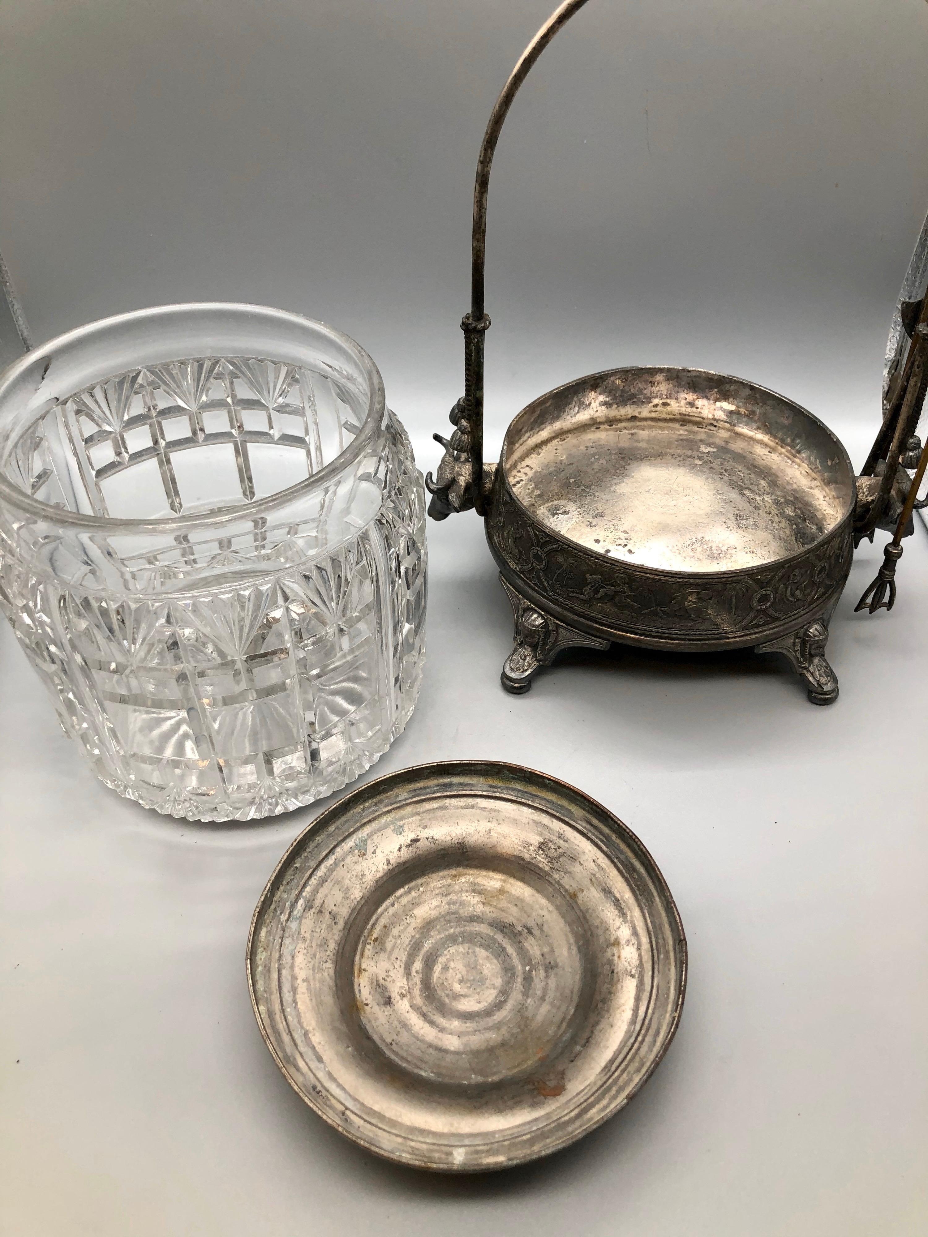 Antique Ornate Victorian Silver Plate Pickle Castor with Tongs, Cut Glass Jar For Sale 2