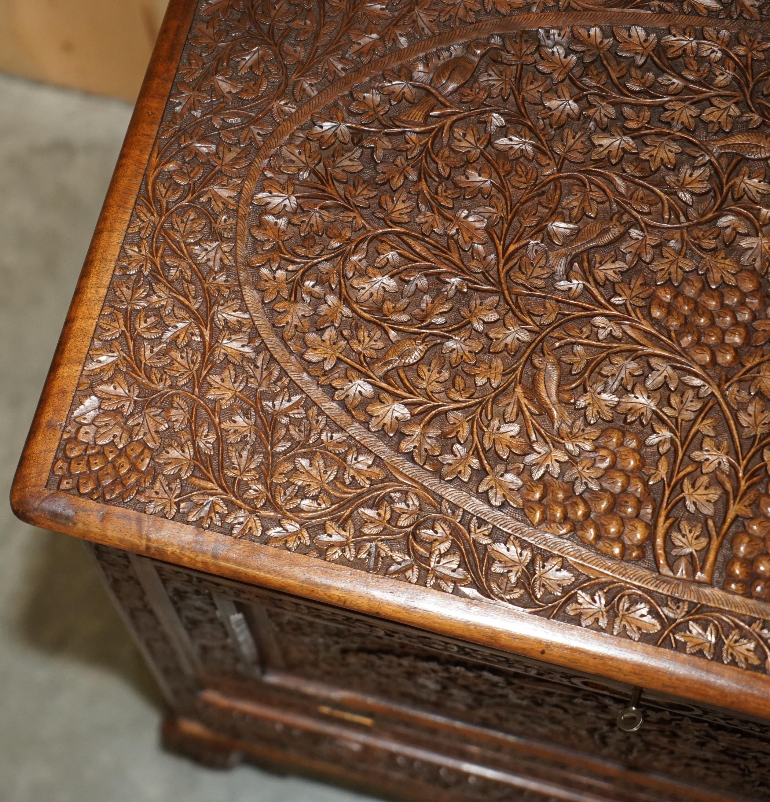 ANTIQUE ORNATELY CARVED BRiTISH COLONIAL BURMESE DRINKS CABINET BAR WITH KEY For Sale 4