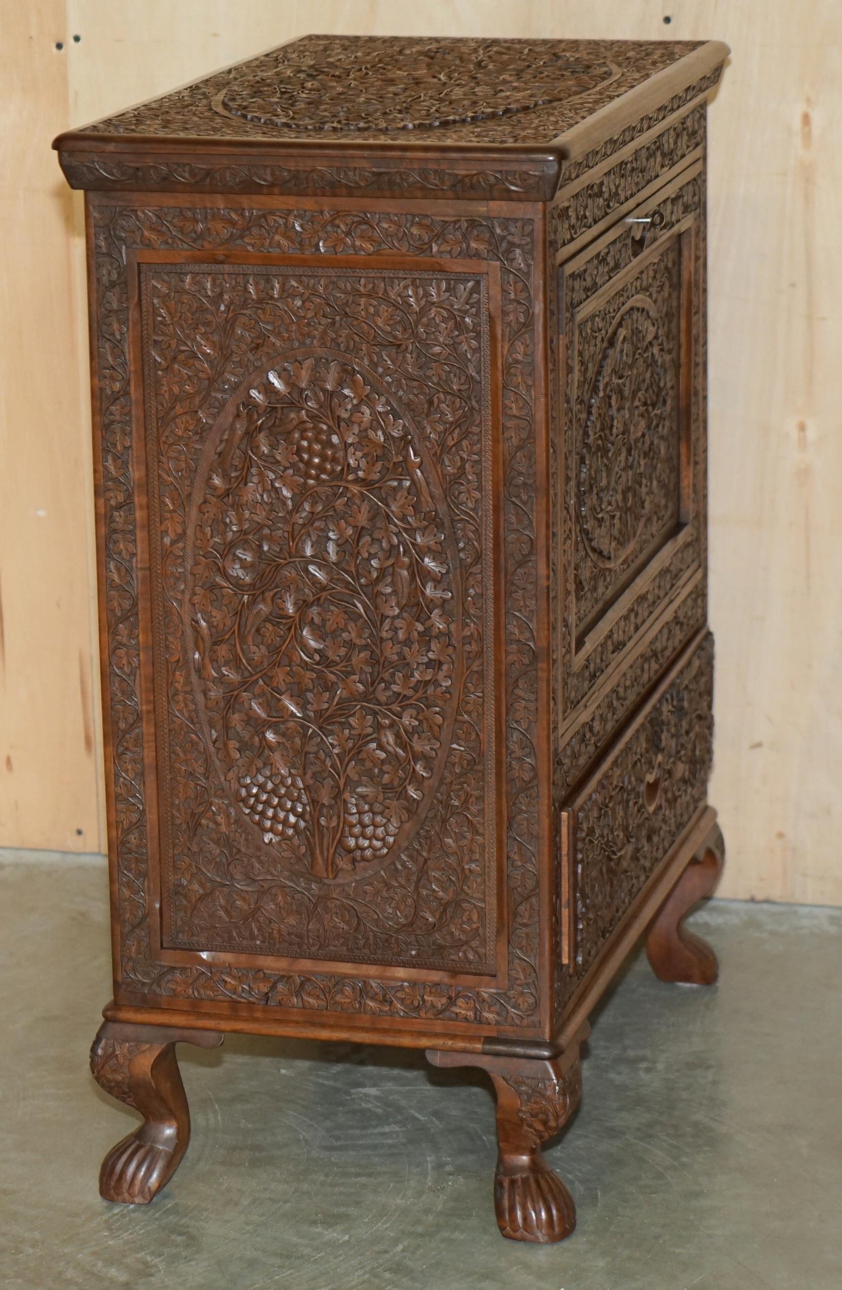 ANTIQUE ORNATELY CARVED BRiTISH COLONIAL BURMESE DRINKS CABINET BAR WITH KEY For Sale 5