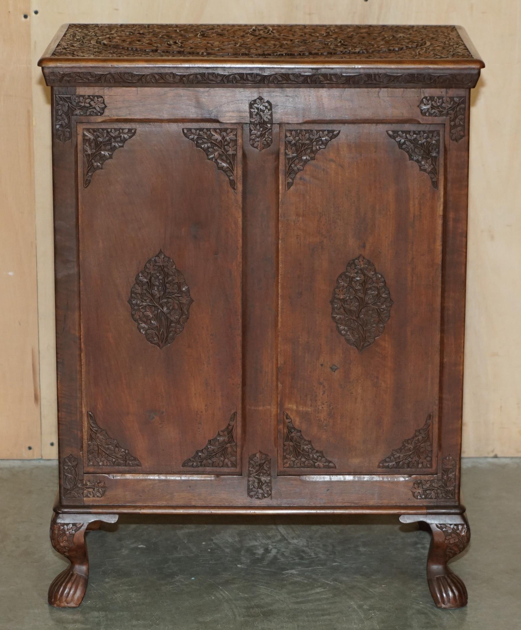 ANTIQUE ORNATELY CARVED BRiTISH COLONIAL BURMESE DRINKS CABINET BAR WITH KEY For Sale 6