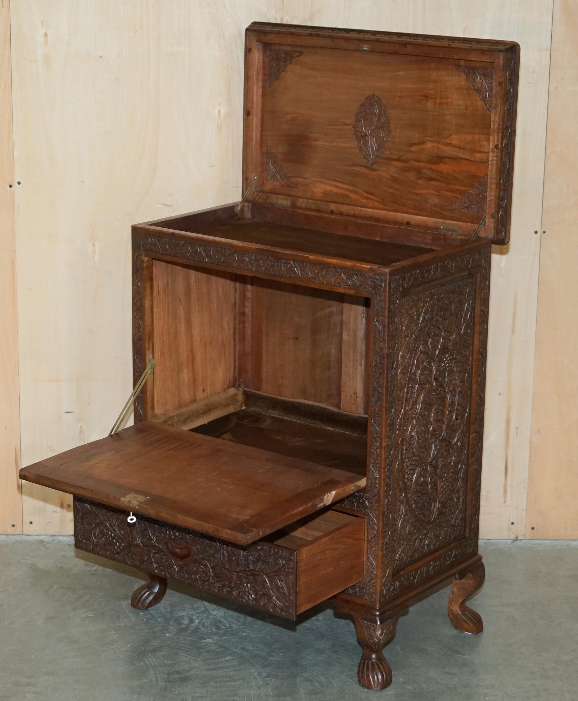 ANTIQUE ORNATELY CARVED BRiTISH COLONIAL BURMESE DRINKS CABINET BAR WITH KEY For Sale 9