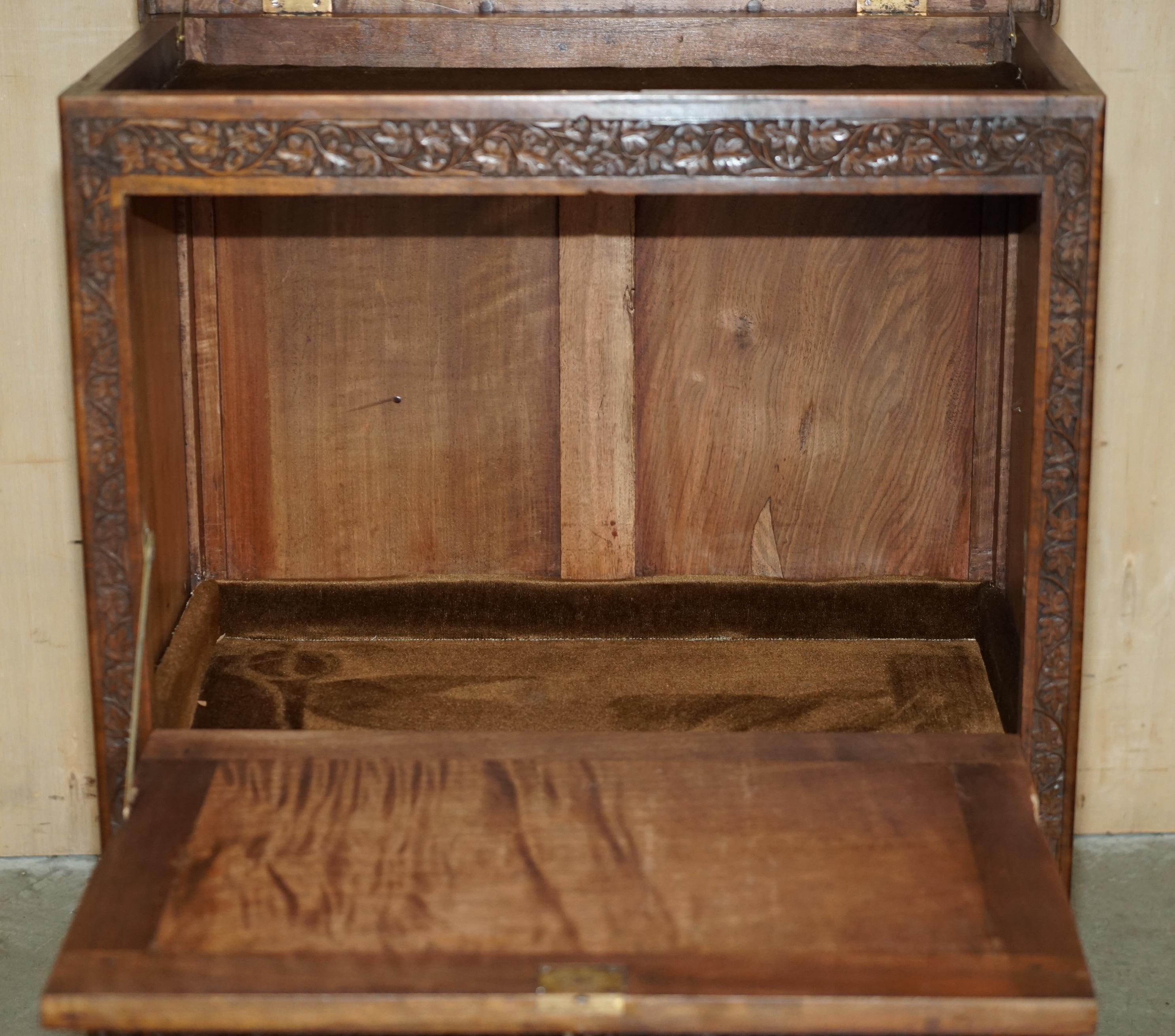 ANTIQUE ORNATELY CARVED BRiTISH COLONIAL BURMESE DRINKS CABINET BAR WITH KEY For Sale 12