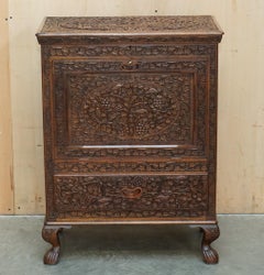 ANTIQUE ORNATELY CARVED BRiTISH COLONIAL BURMESE DRINKS CABINET BAR WITH KEY