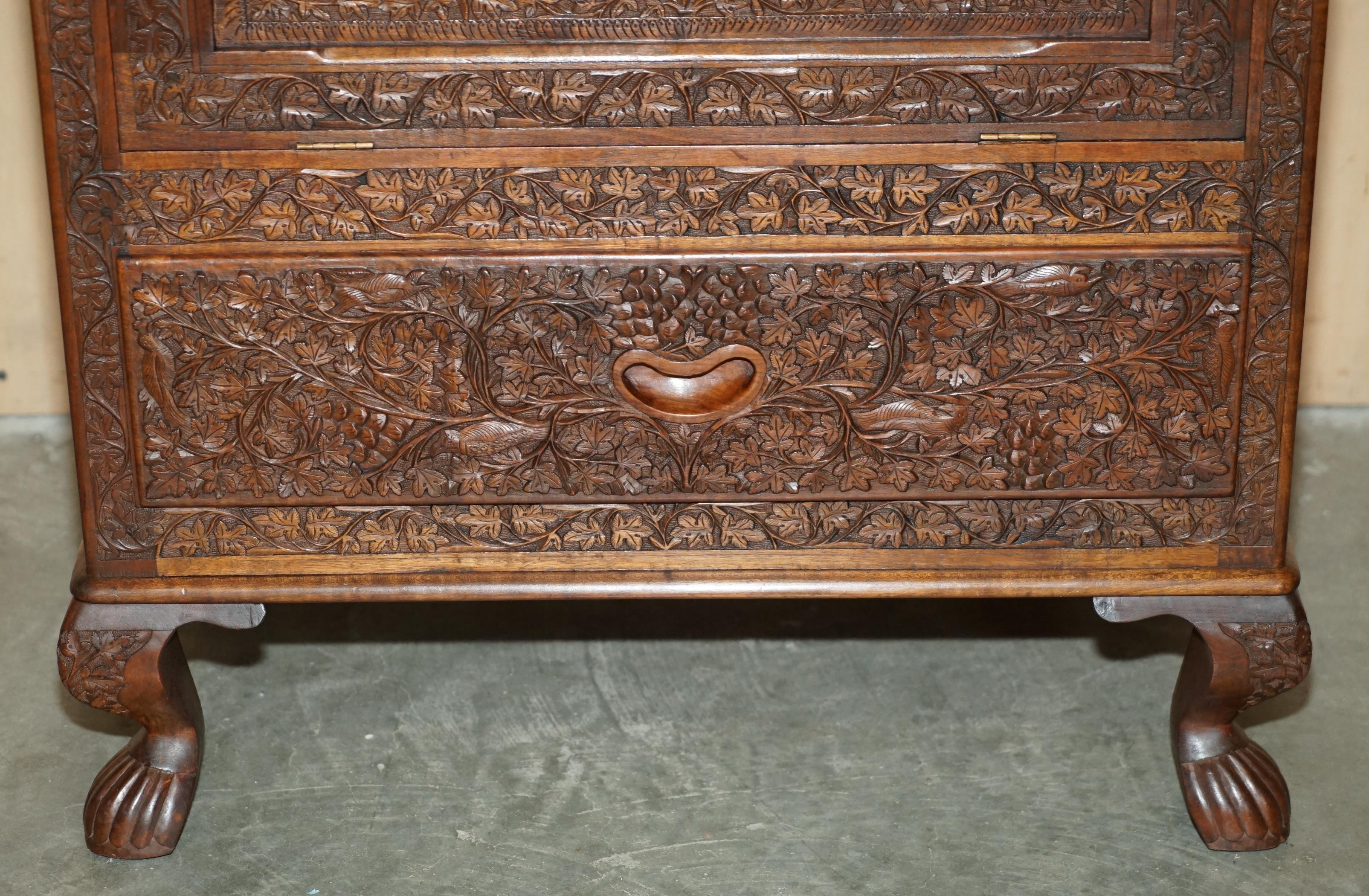 Hand-Crafted ANTIQUE ORNATELY CARVED BRiTISH COLONIAL BURMESE DRINKS CABINET BAR WITH KEY For Sale