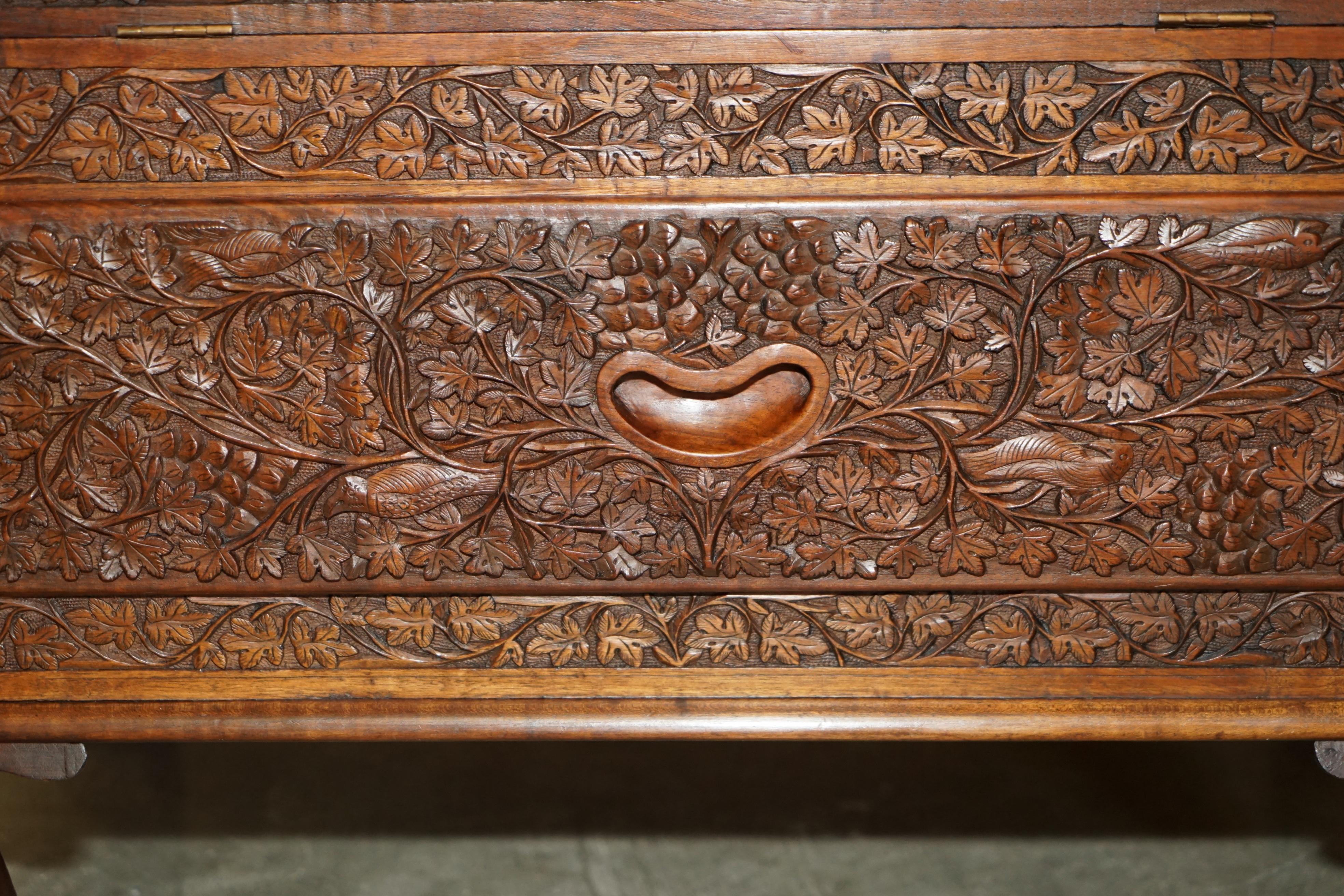 Early 20th Century ANTIQUE ORNATELY CARVED BRiTISH COLONIAL BURMESE DRINKS CABINET BAR WITH KEY For Sale