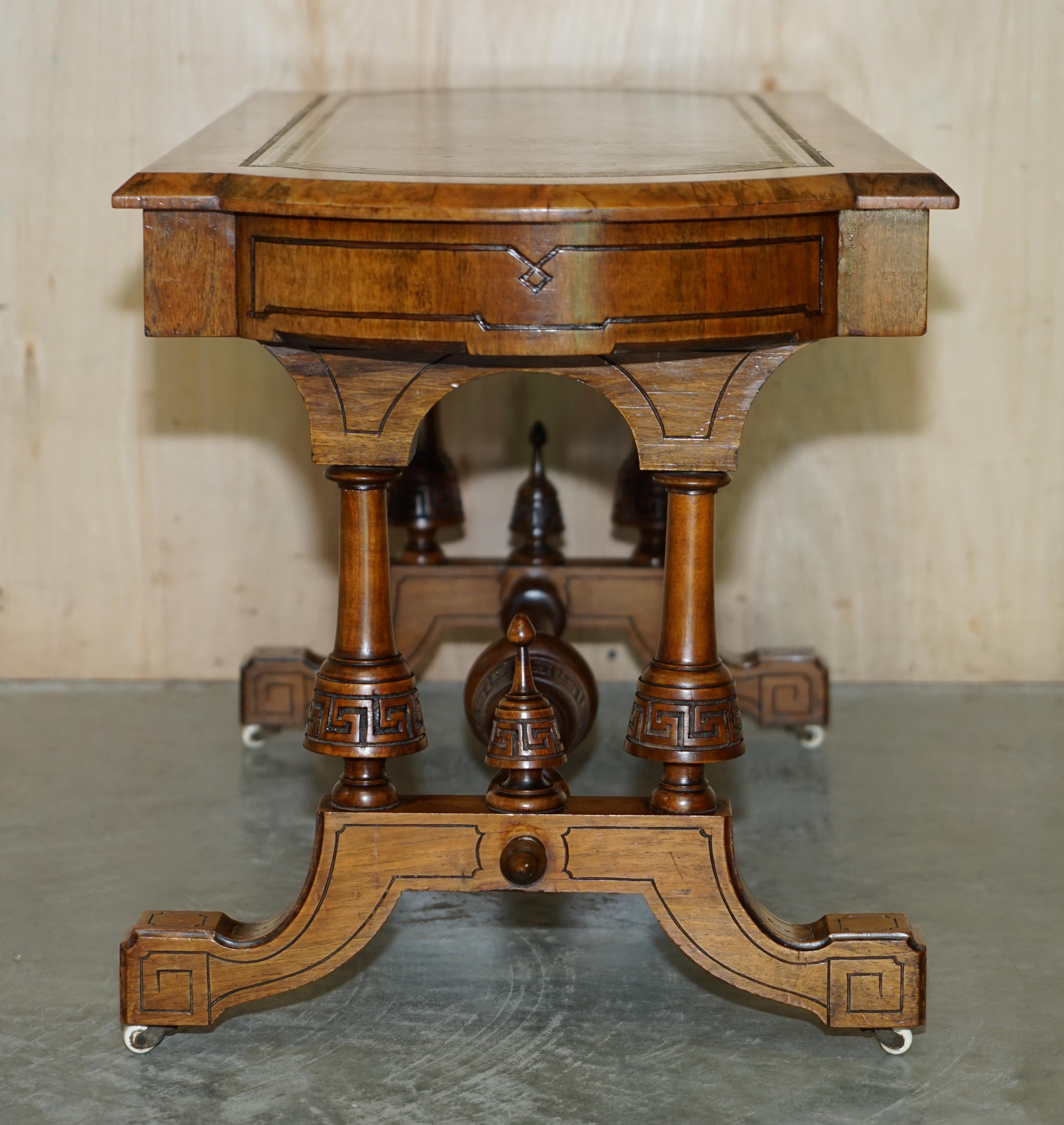 Antique Ornately Carved Burr & Burl Walnut Green Leather Coffee Cocktail Table For Sale 7
