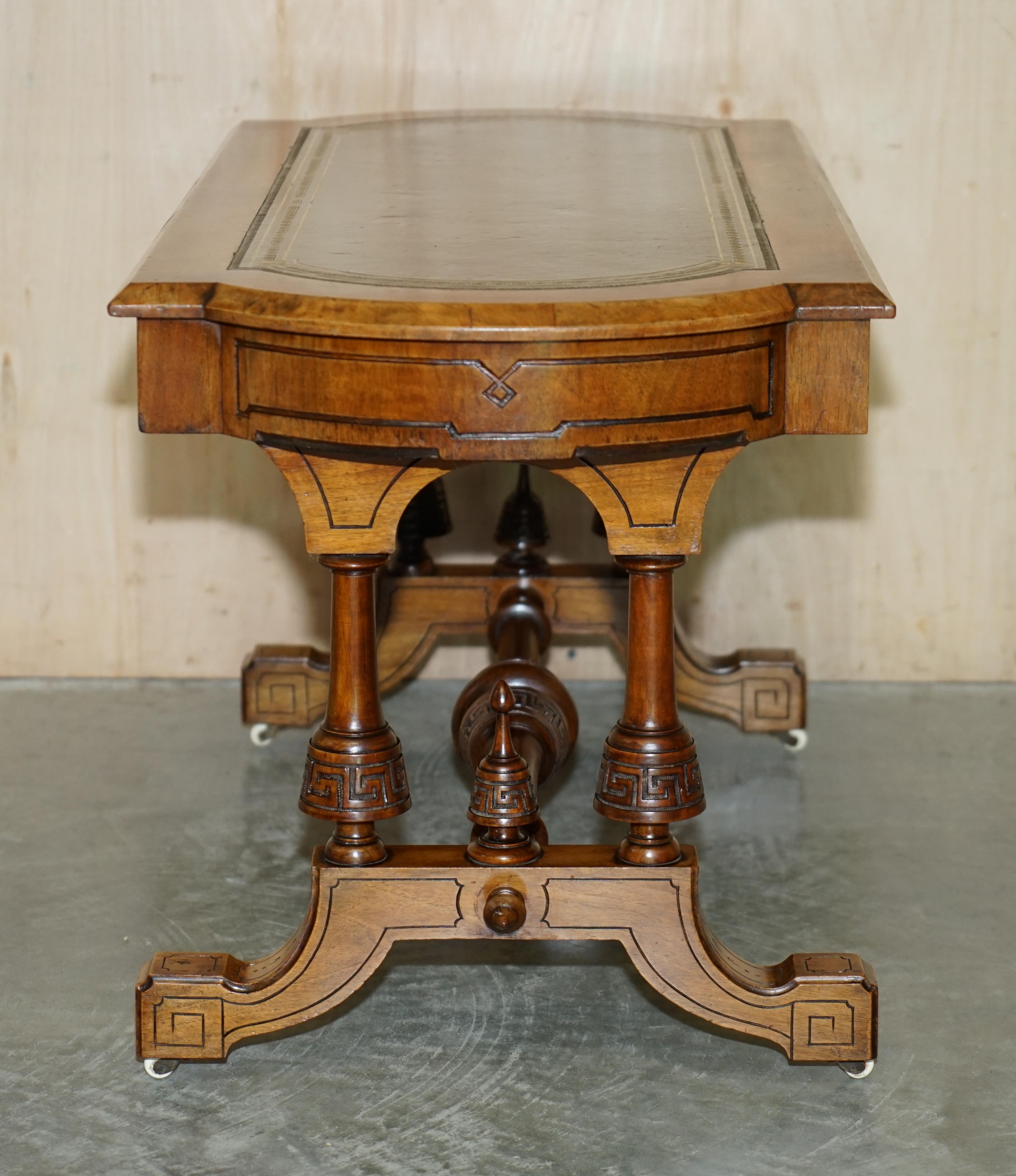 Antique Ornately Carved Burr & Burl Walnut Green Leather Coffee Cocktail Table For Sale 11