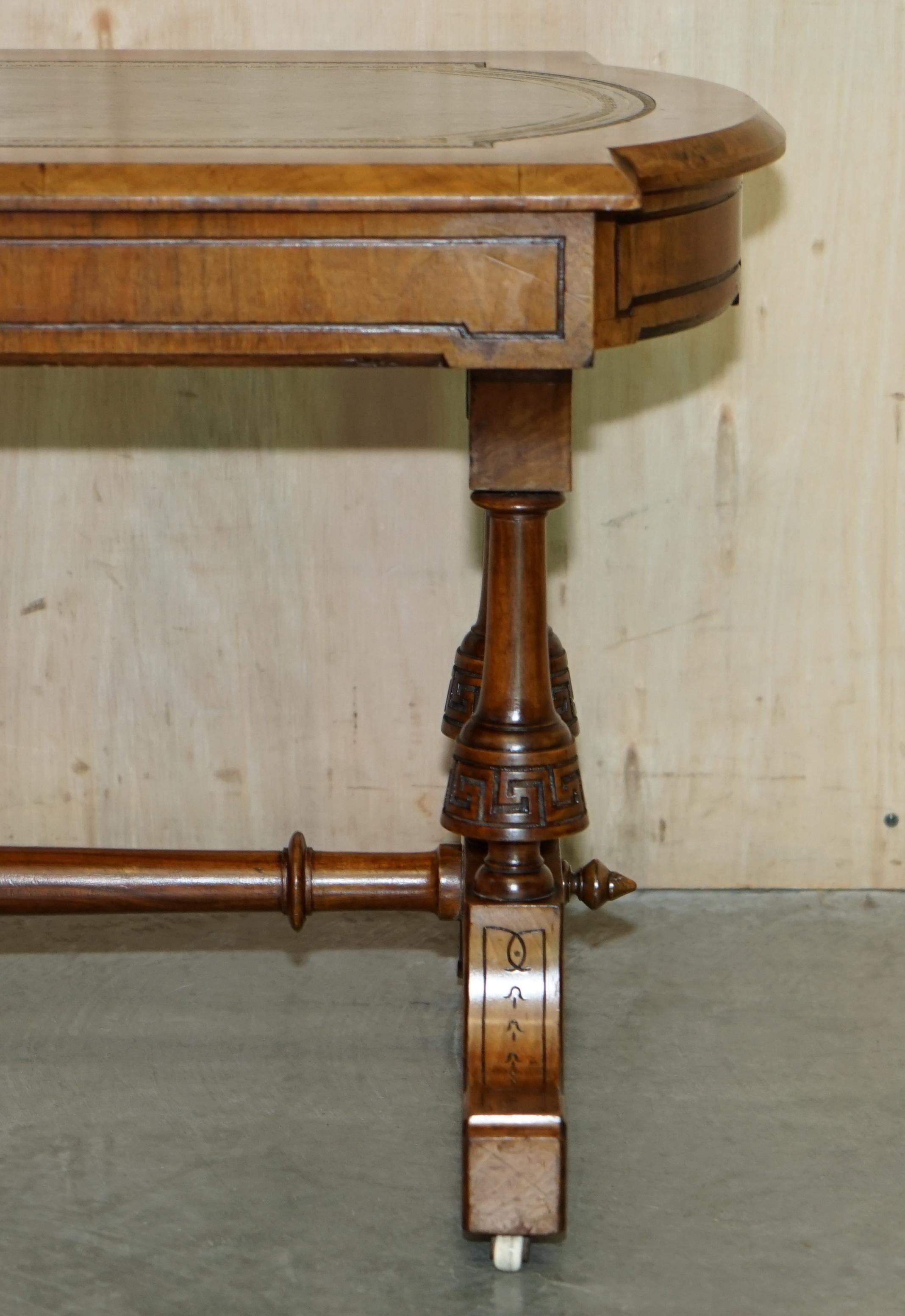 English Antique Ornately Carved Burr & Burl Walnut Green Leather Coffee Cocktail Table For Sale