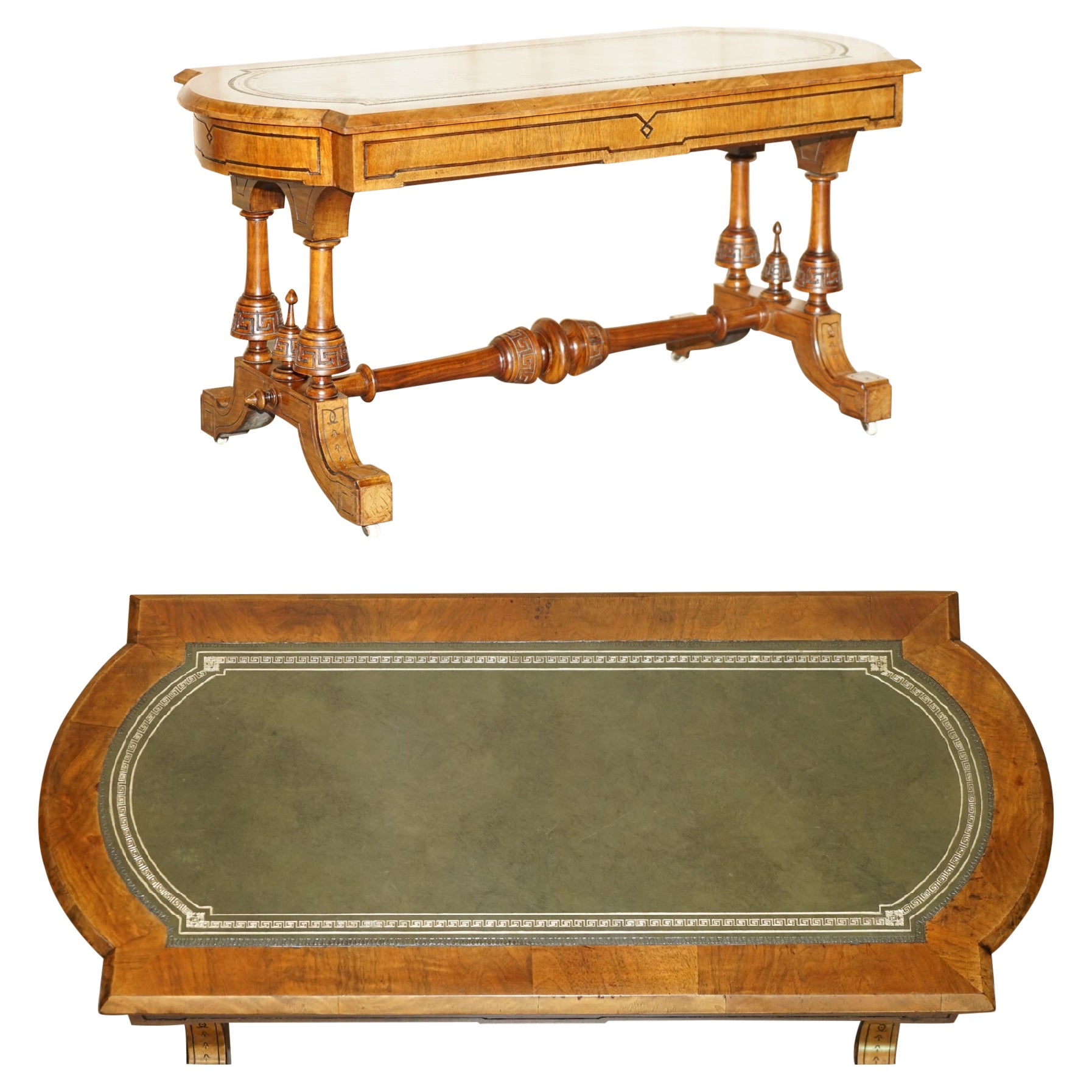 Antique Ornately Carved Burr & Burl Walnut Green Leather Coffee Cocktail Table