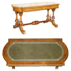 Antique Ornately Carved Burr & Burl Walnut Green Leather Coffee Cocktail Table