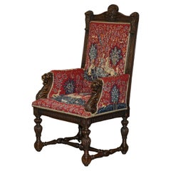 Antique Ornately Carved Lion Throne Armchair Armorial Embroidered Upholstery