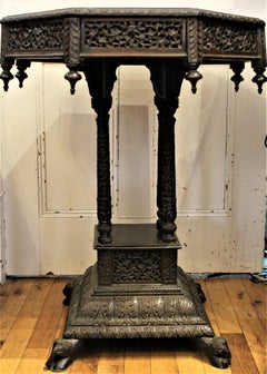 Antique Ornately Carved Mahogany Wood Anglo-Indian Octagonal Pedestal Table