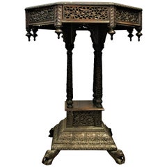 Antique Ornately Carved Mahogany Wood Anglo-Indian Octagonal Pedestal Table