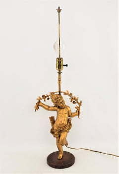 Antique Ornately Cast & Gilt Finished Sculptural Cherub Table Lamp