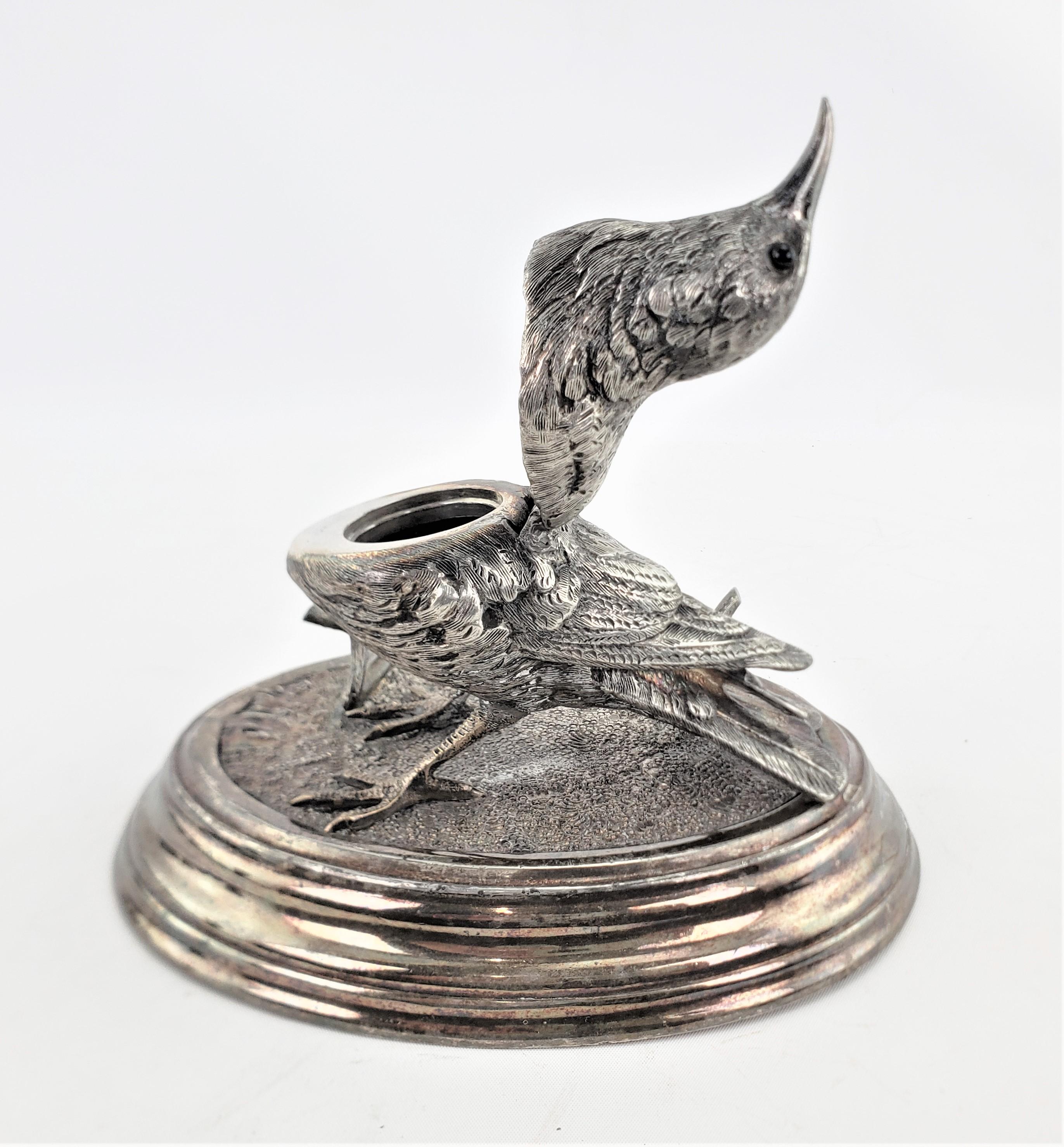 Antique Ornately Cast & Silver Plated Figural Bird Inkwell & Pen Holder or Rest 5