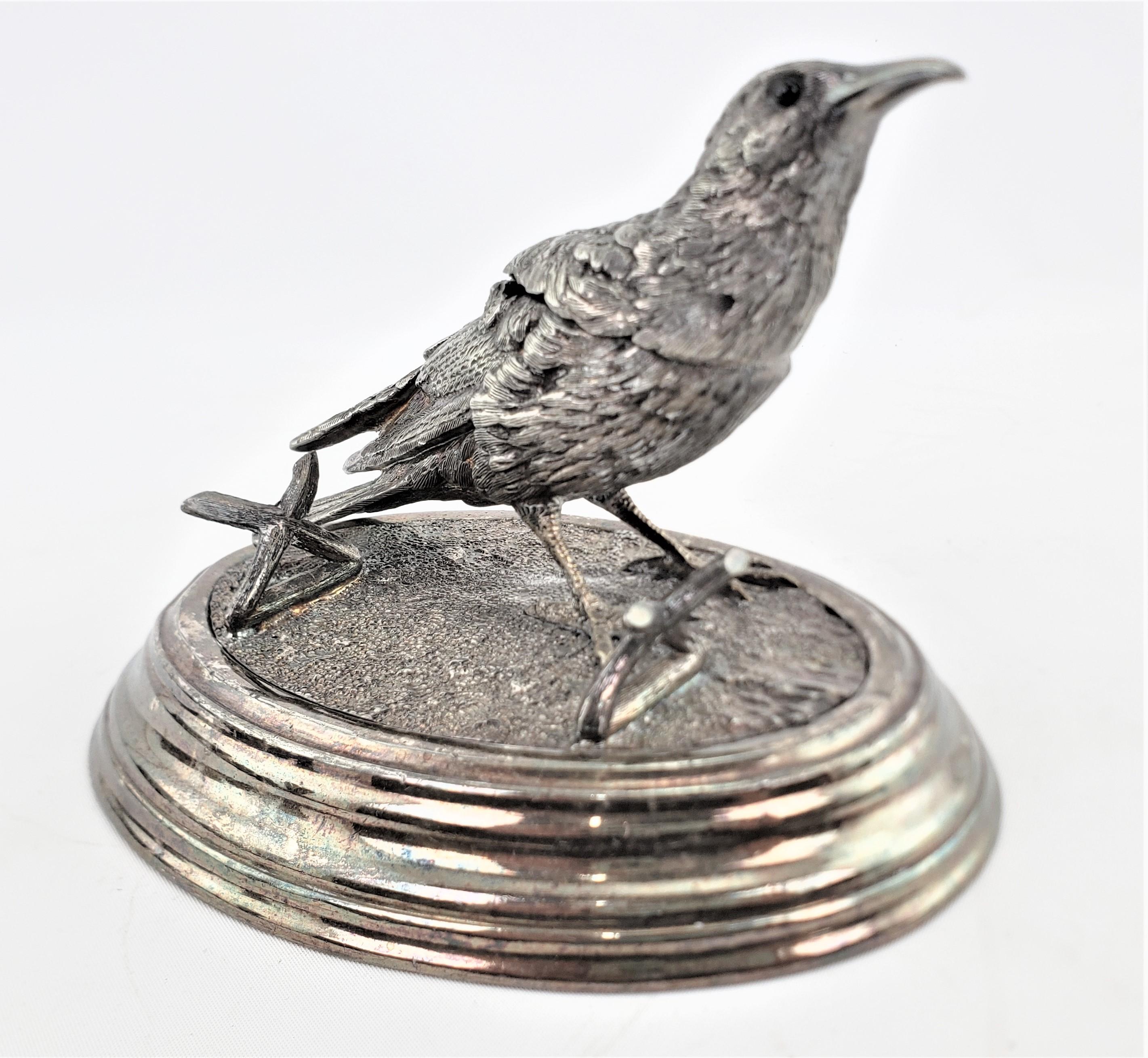 English Antique Ornately Cast & Silver Plated Figural Bird Inkwell & Pen Holder or Rest