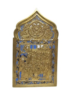 Antique orthodox 19th Century Enamelled Bronze Travel Icon