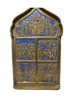 Antique orthodox  19th Century Enamelled Bronze Travel Icon