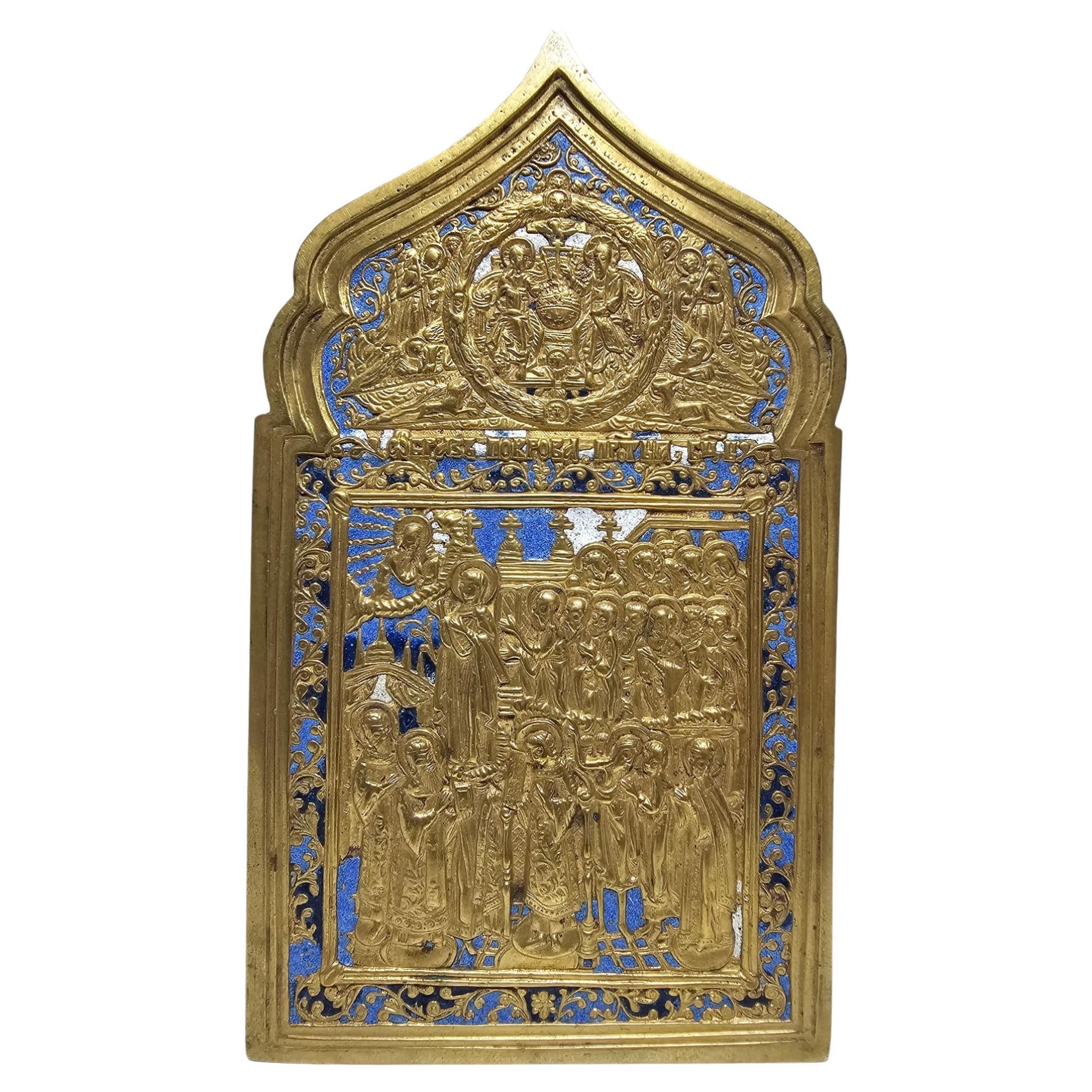 Antique orthodox 19th Century Enamelled Bronze Travel Icon