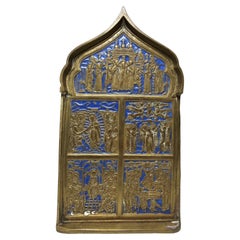 Antique orthodox  19th Century Enamelled Bronze Travel Icon