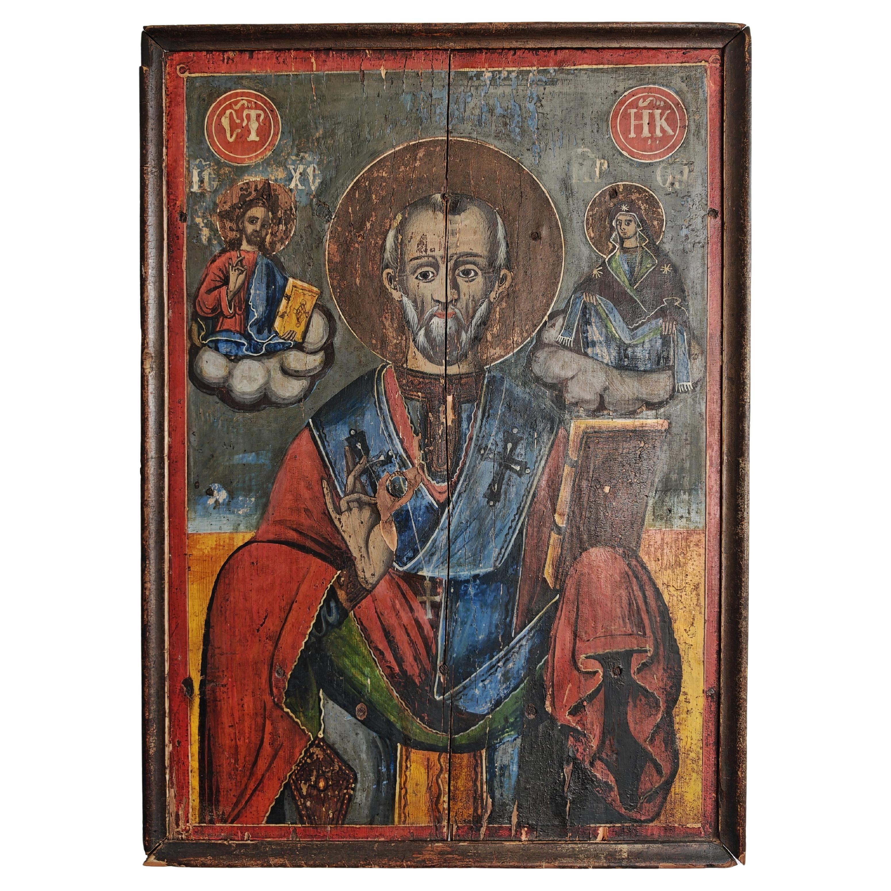 Antique Orthodox Icon depicting Saint Nicholas, Serbia 19th Century