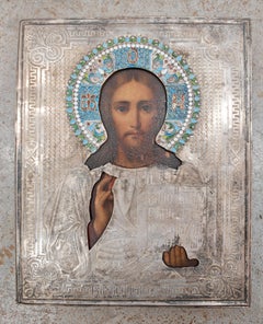 Antique Orthodox Icon of Jesus Pantocrator in silver and enamel, 1890s