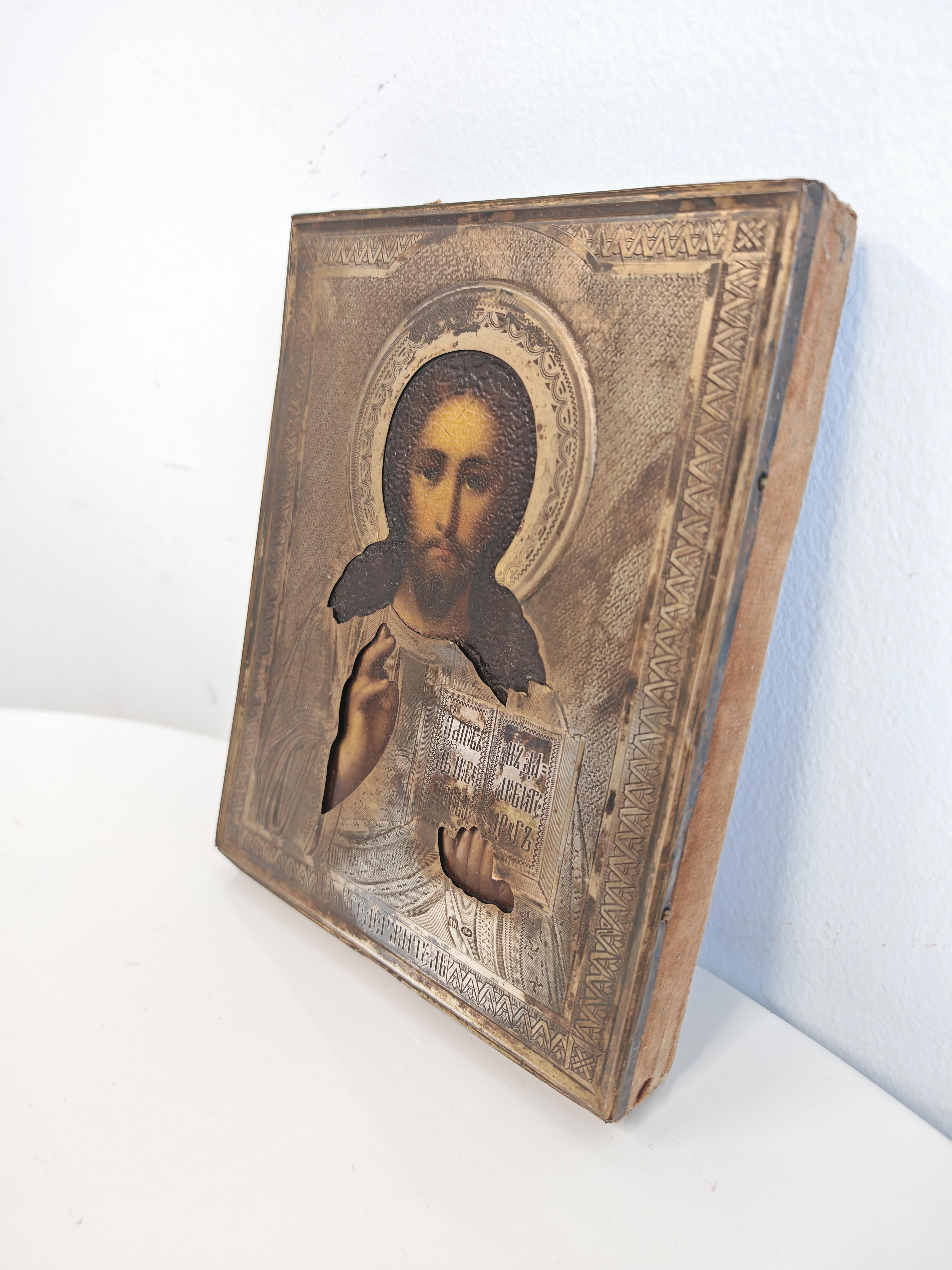 Antica icona ortodossa di Gesù Pantocratore in argento e smalto, anni '90 del XIX secolo in vendita 2