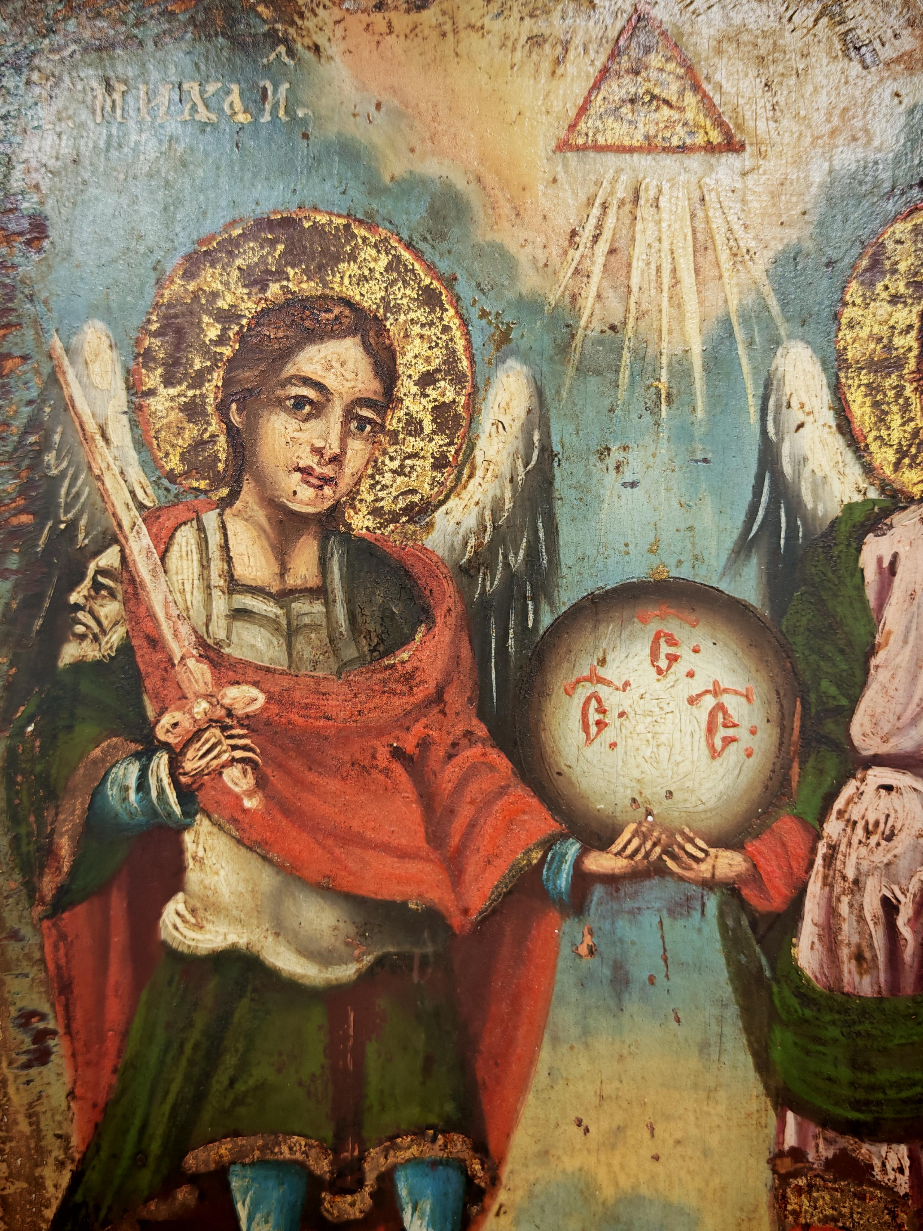 Balkanique Icône orthodoxe ancienne, les archanges Michel et Gabriel, Serbie 1857 en vente