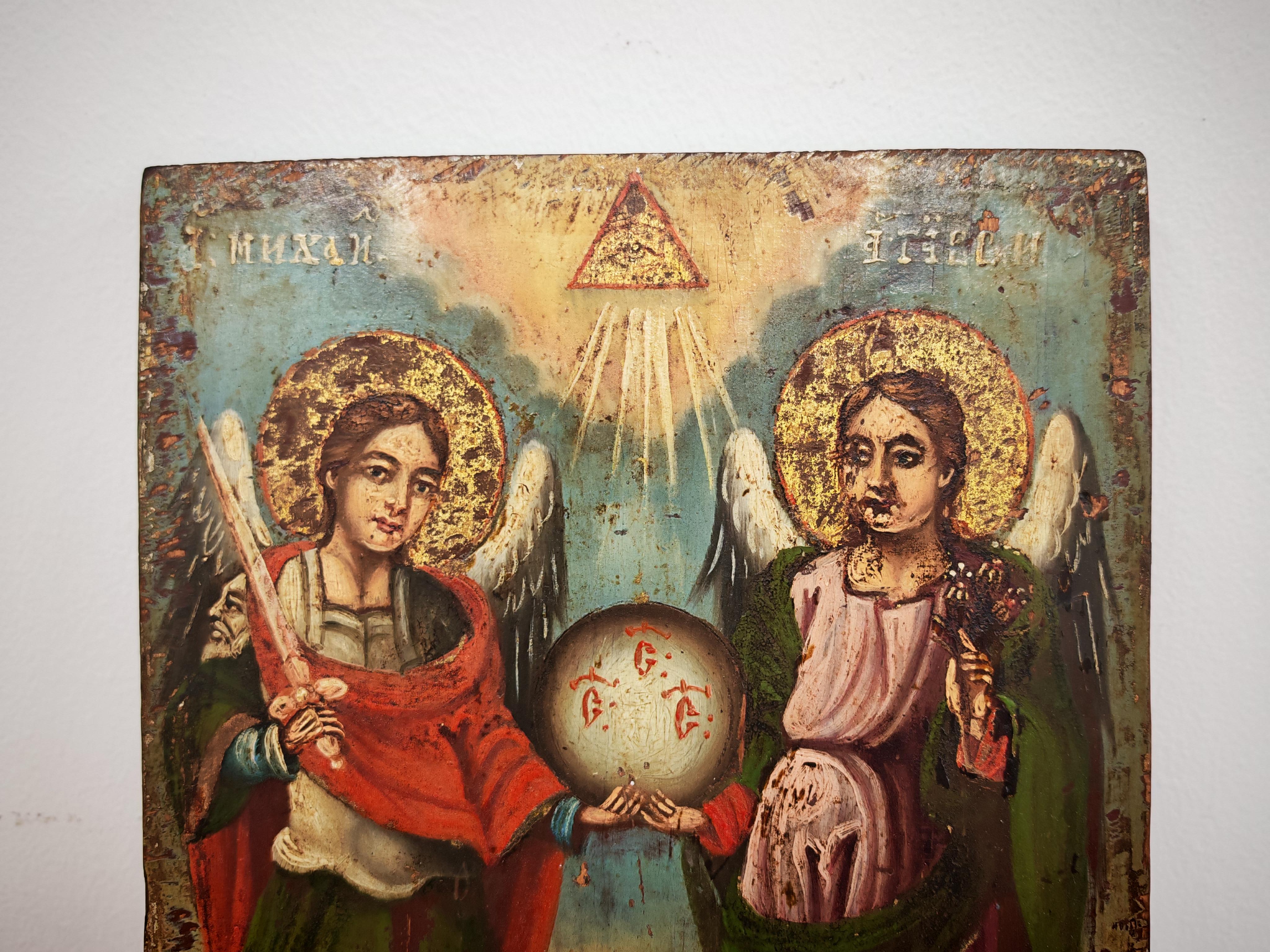 Milieu du XIXe siècle Icône orthodoxe ancienne, les archanges Michel et Gabriel, Serbie 1857 en vente